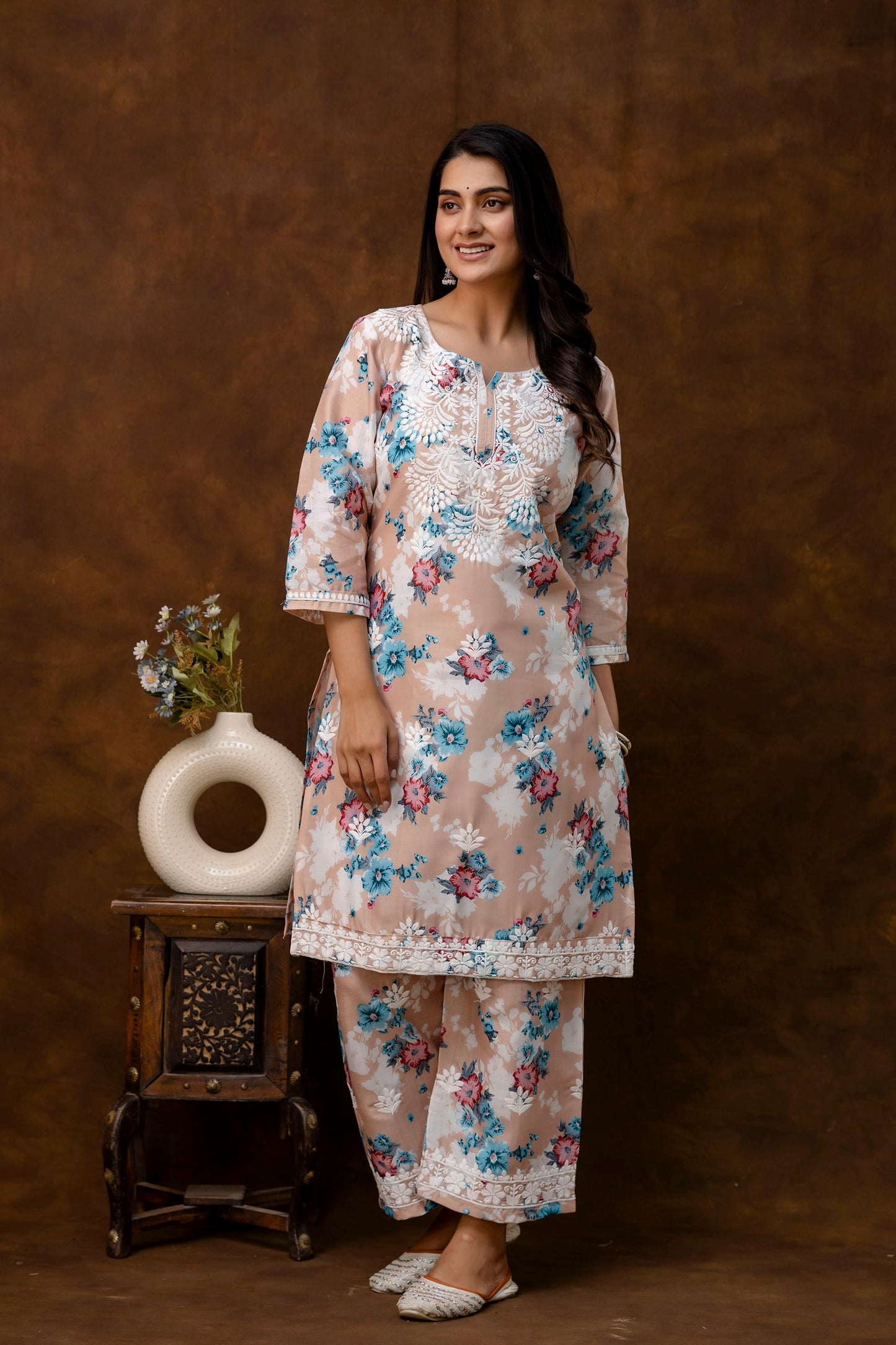 CHIKU cotton printed with chikanakri work kurti and plazo set