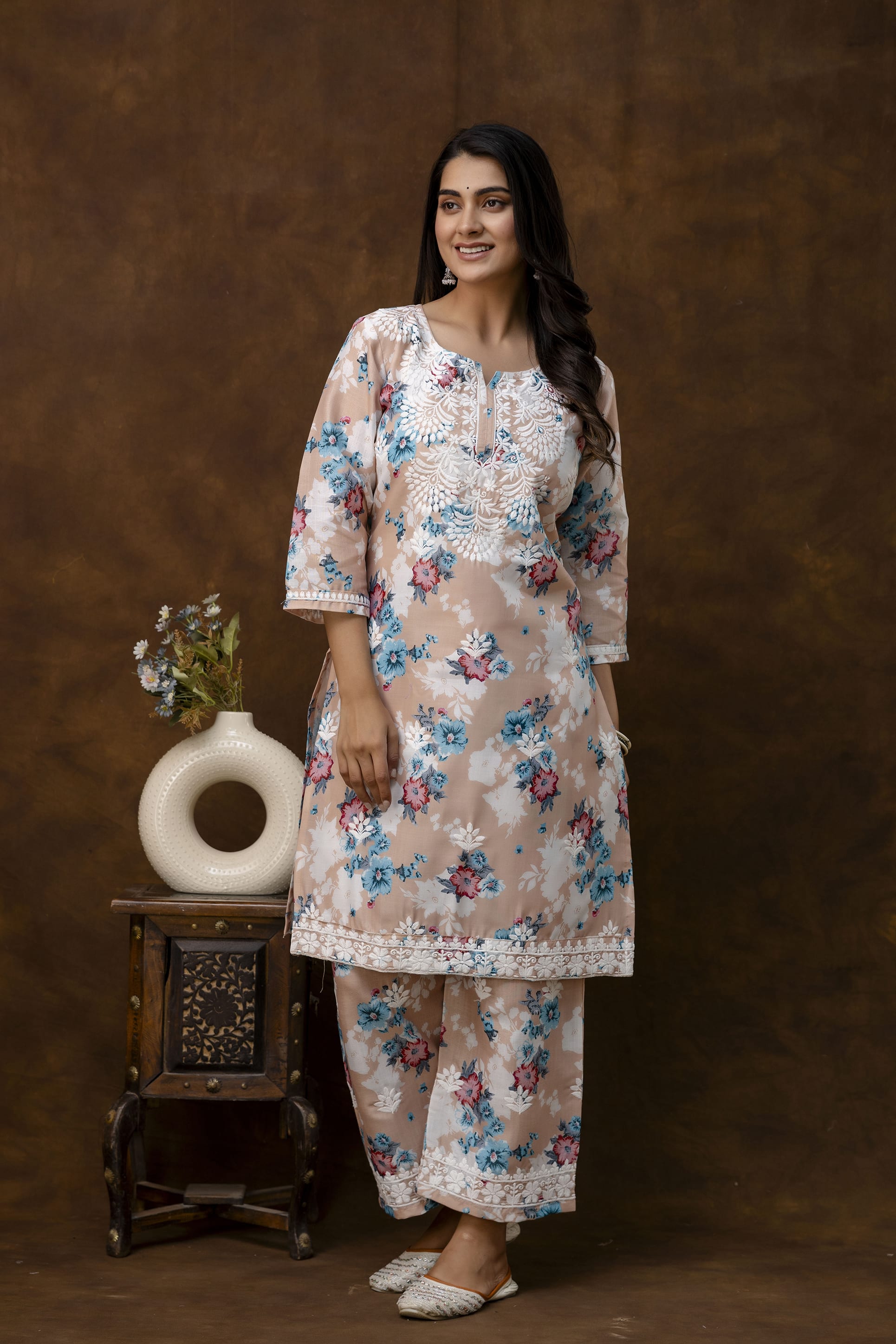 CHIKU cotton printed with chikanakri work kurti and plazo set