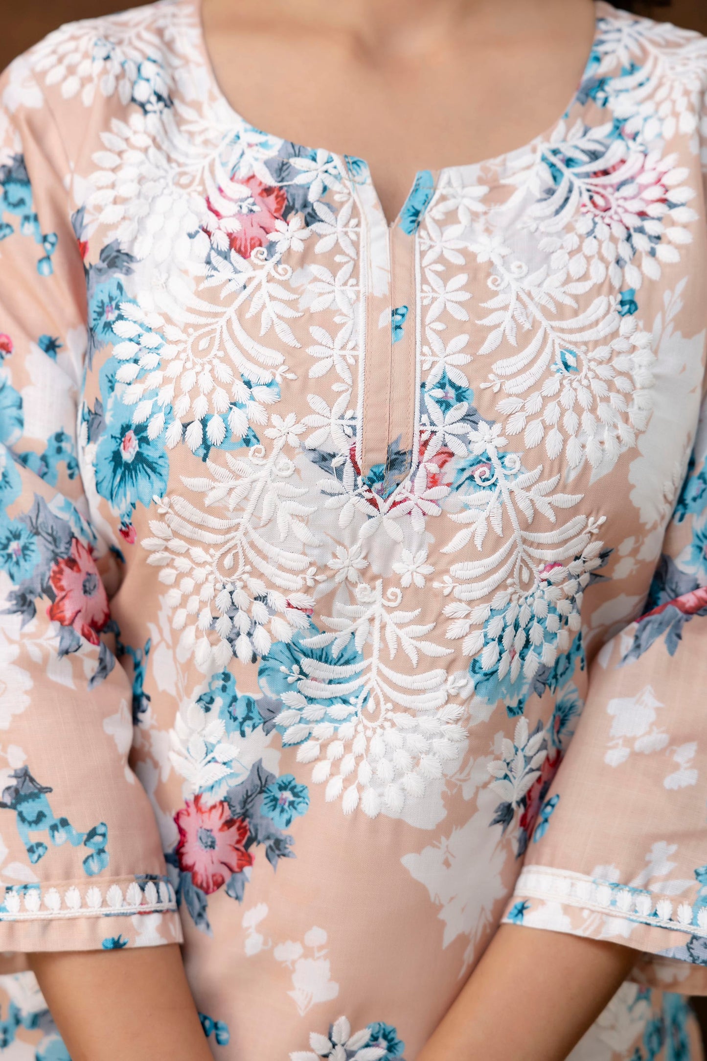 CHIKU cotton printed with chikanakri work kurti and plazo set