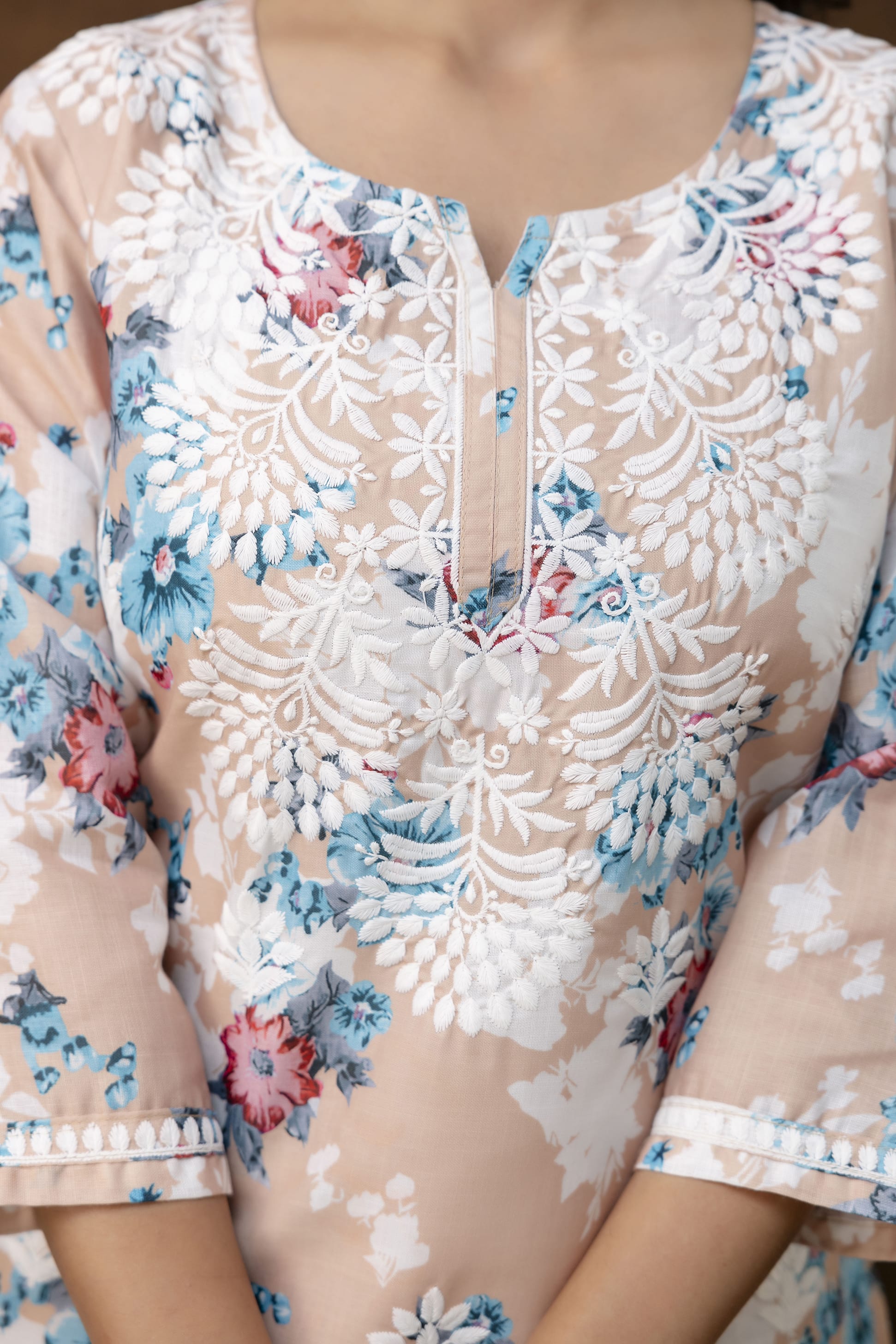 CHIKU cotton printed with chikanakri work kurti and plazo set