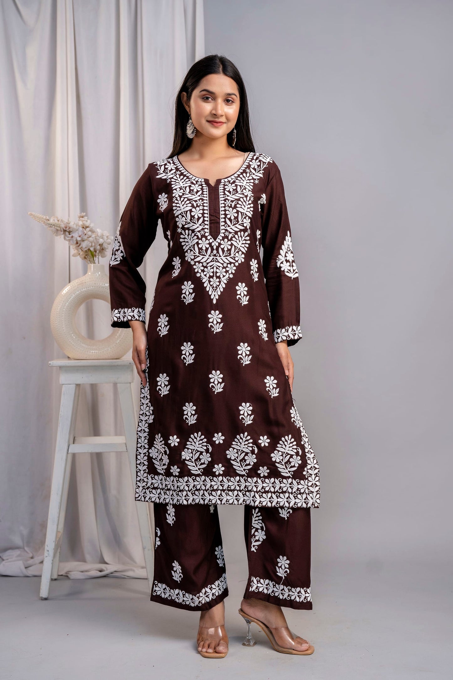 COFEE Chikankari Kurti and Plazzo Set for Girls and Women (Modal Kurti)