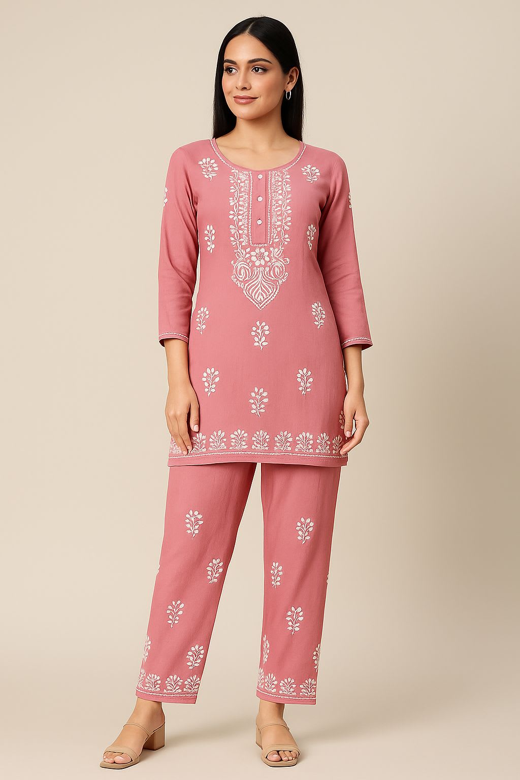 CORAL Premium Reyon Fabric cord-Sets With Beautifully Chikankari Embroidery Work