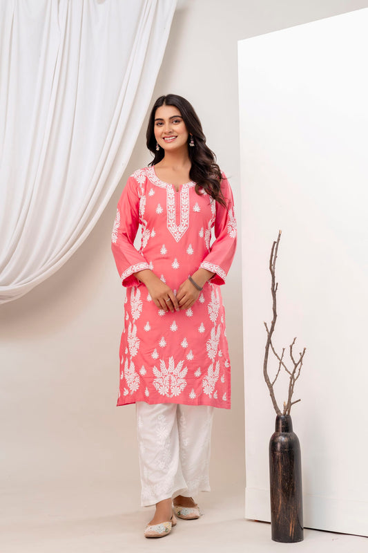 CORAL Women Embroidered Chikankari Modal Kurta Set