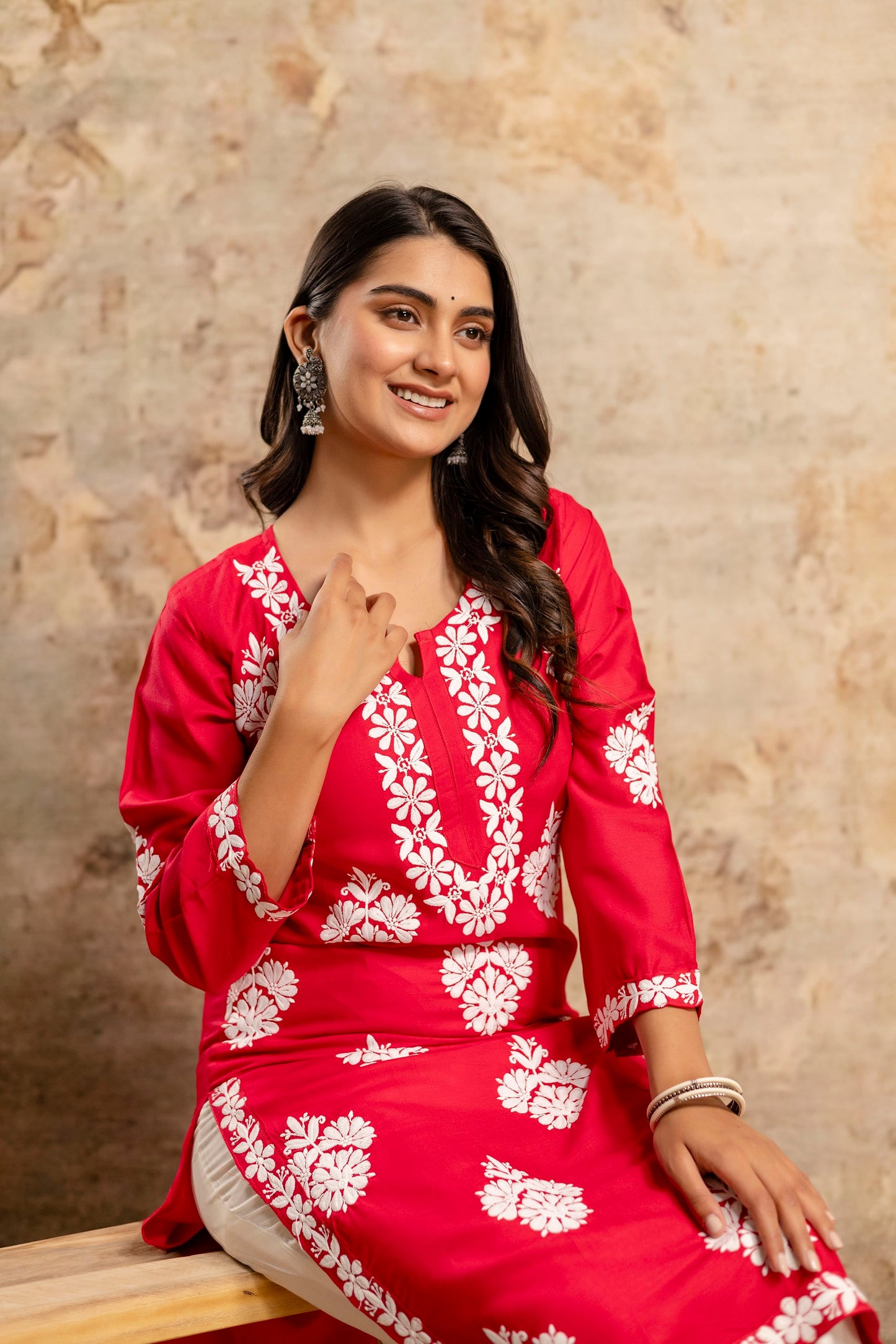 DARK PINK Floral Embroidered Round Neck Chikankari Straight Kurta with Palazzos