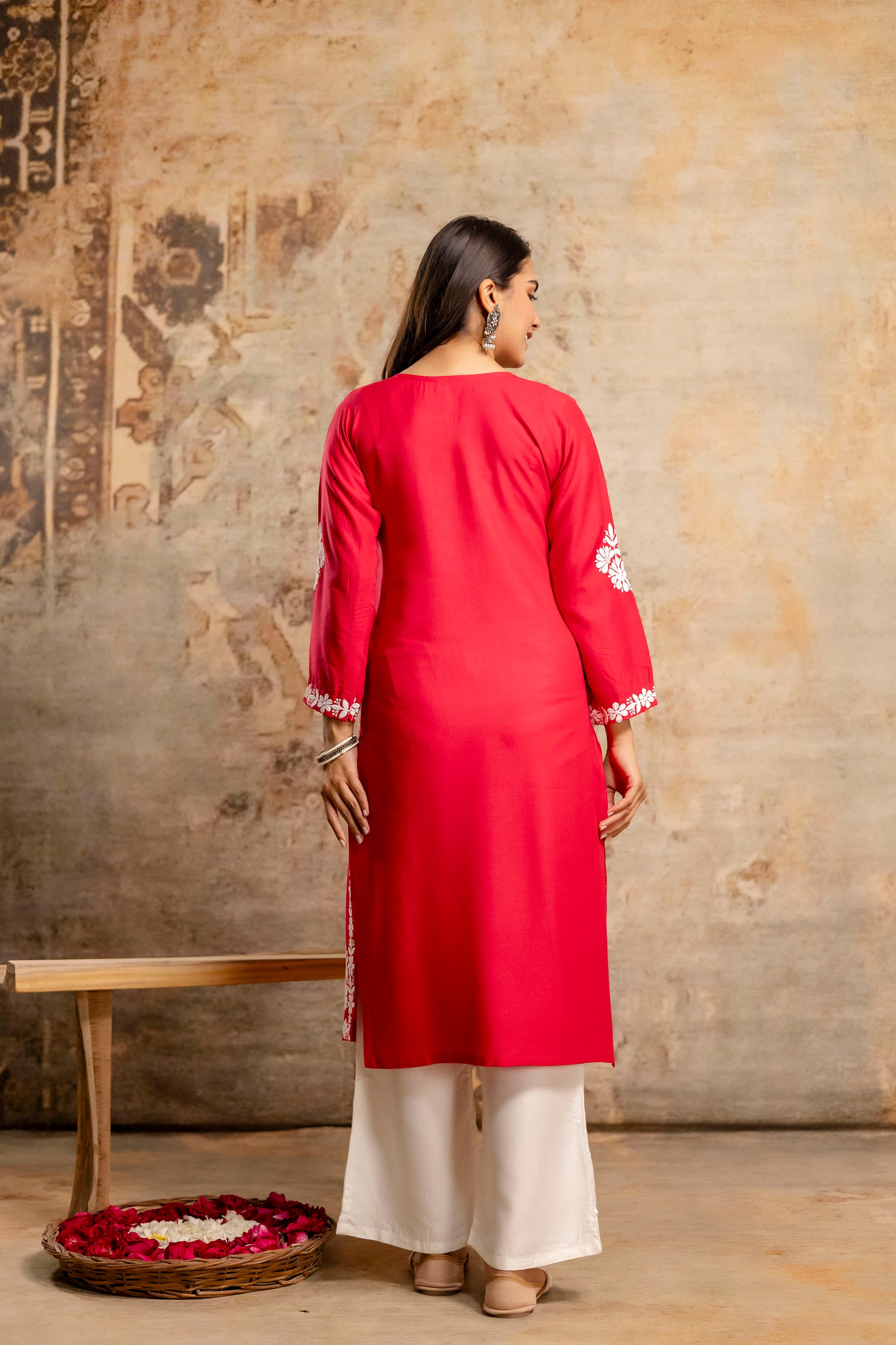 DARK PINK Floral Embroidered Round Neck Chikankari Straight Kurta with Palazzos