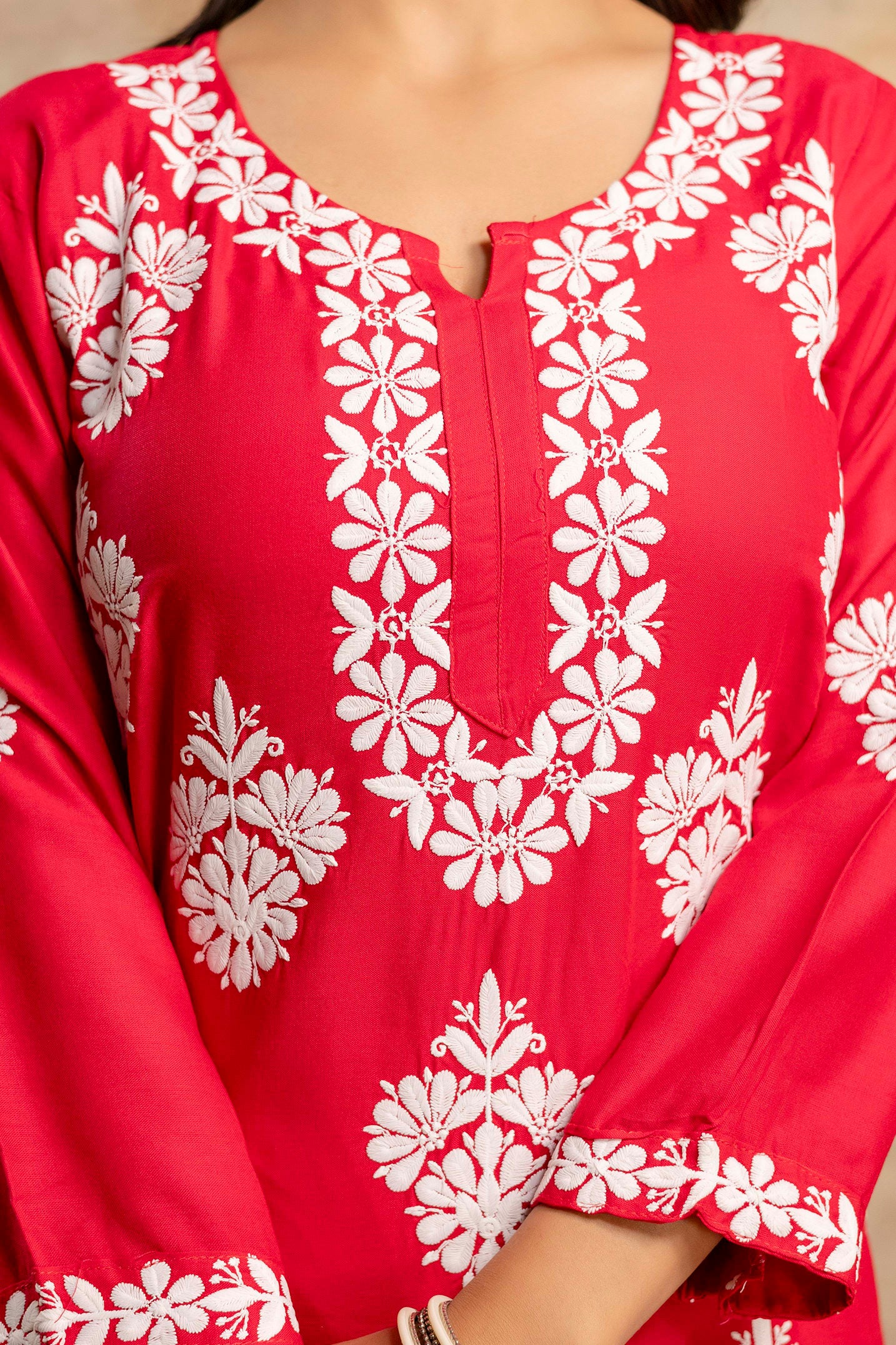 DARK PINK Floral Embroidered Round Neck Chikankari Straight Kurta with Palazzos