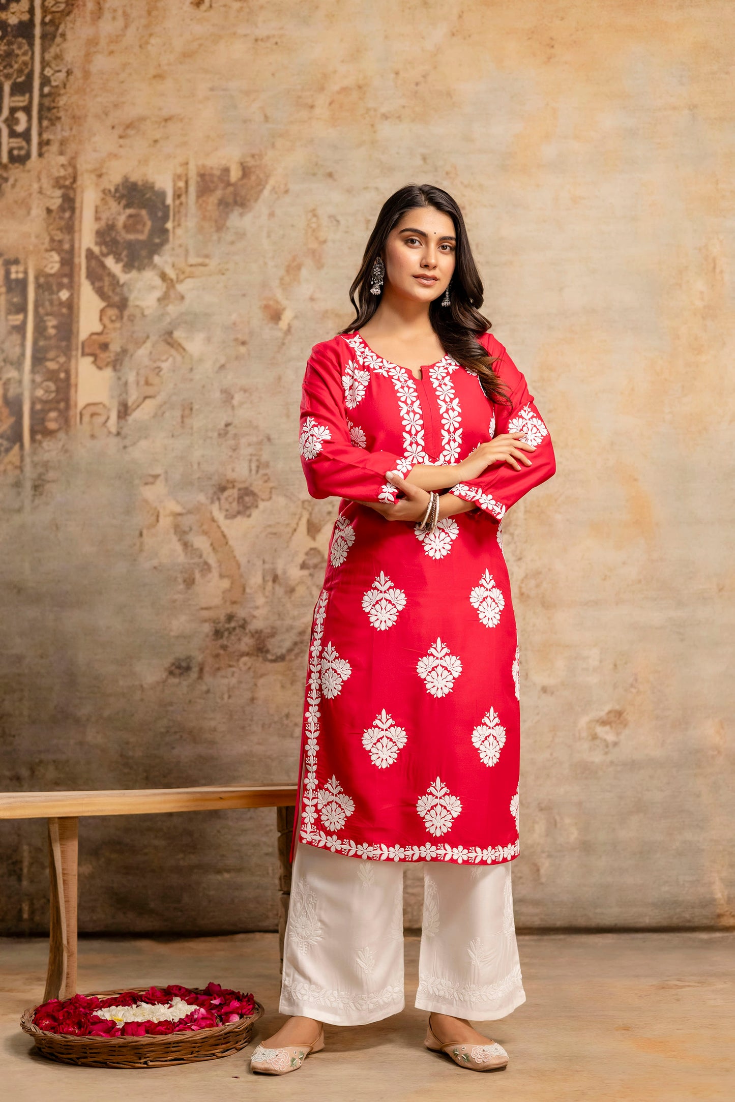 DARK PINK Floral Embroidered Round Neck Chikankari Straight Kurta with Palazzos