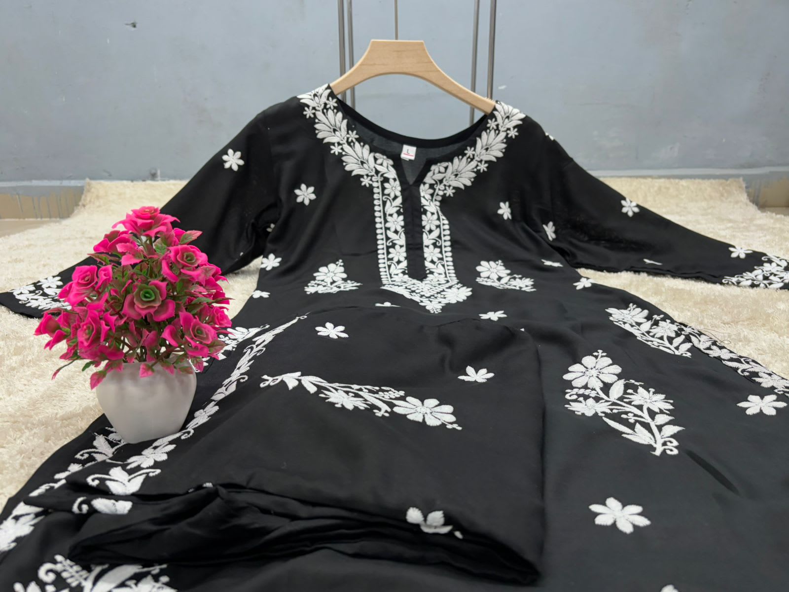 Black Chikankari Kurta Set For Women