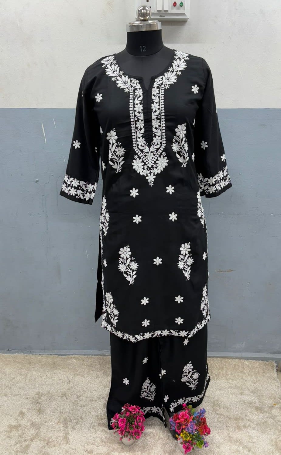 Black Chikankari Kurta Set For Women