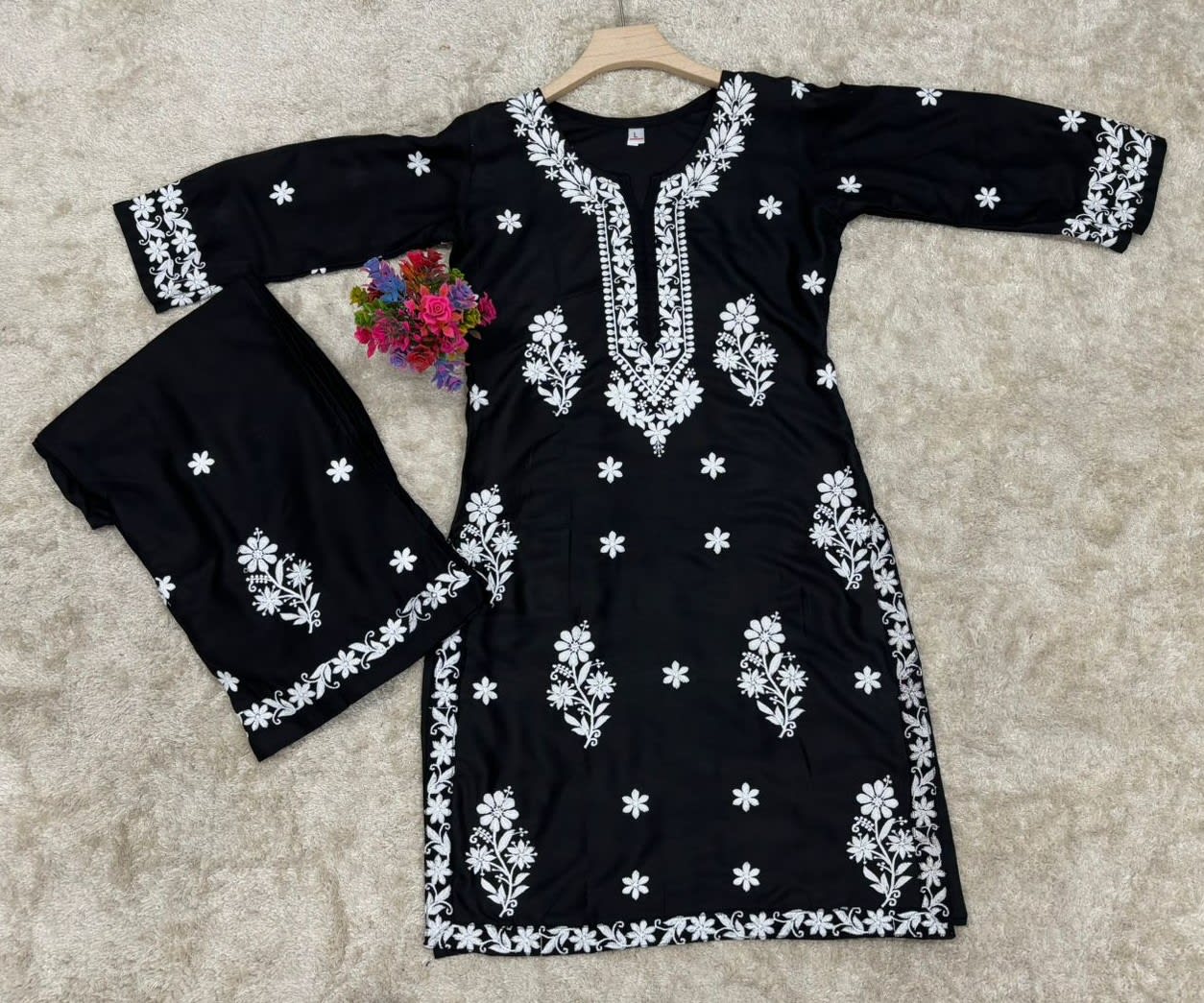 Black Chikankari Kurta Set For Women