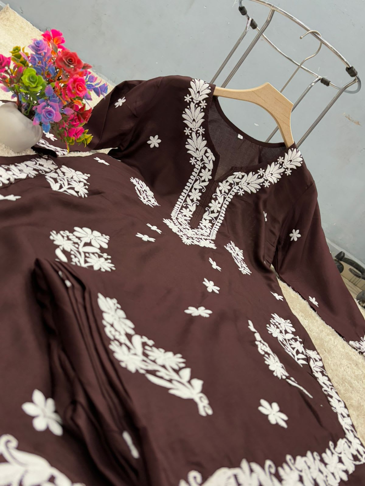 Cofee Chikankari Kurta Set For Women