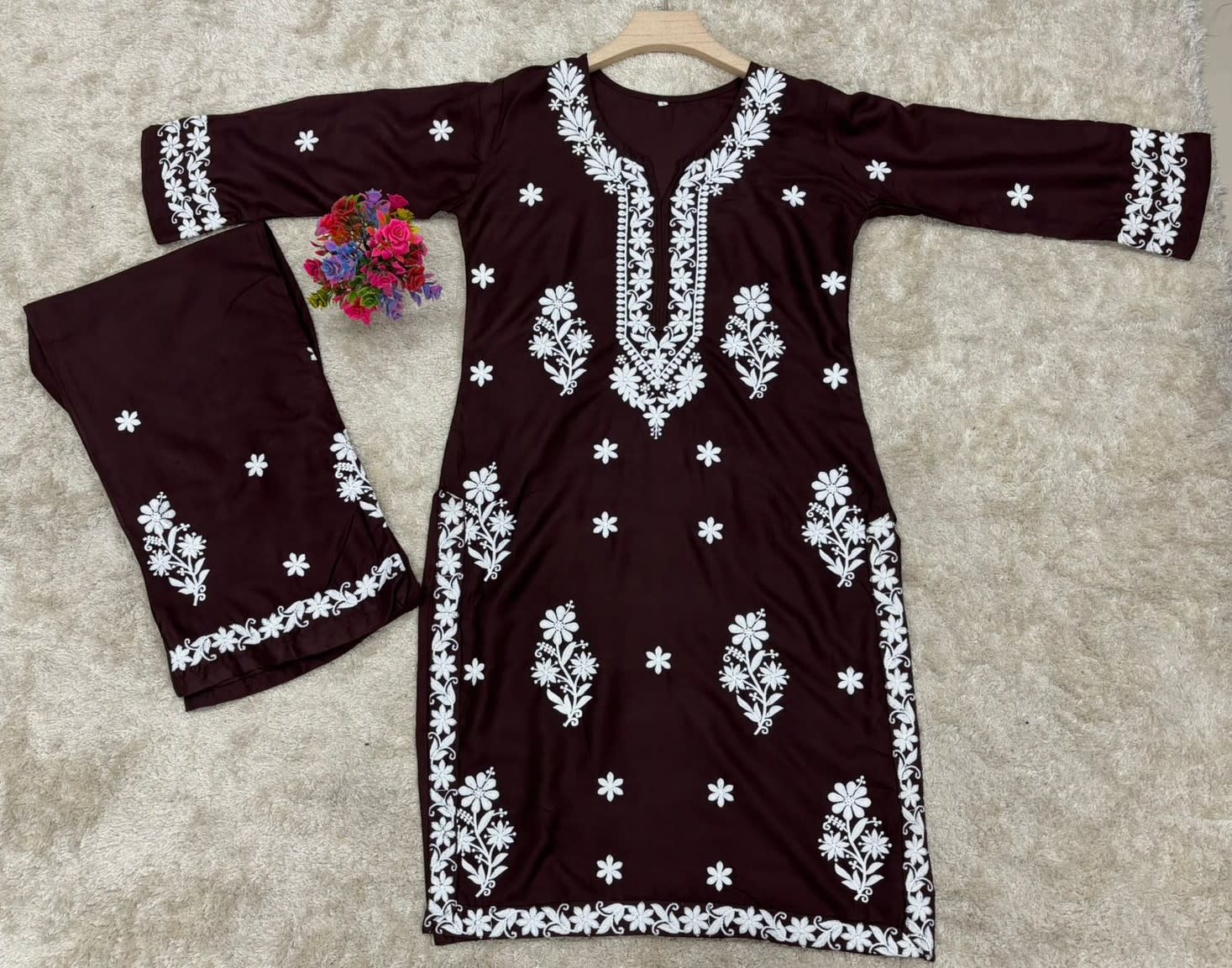 Cofee Chikankari Kurta Set For Women