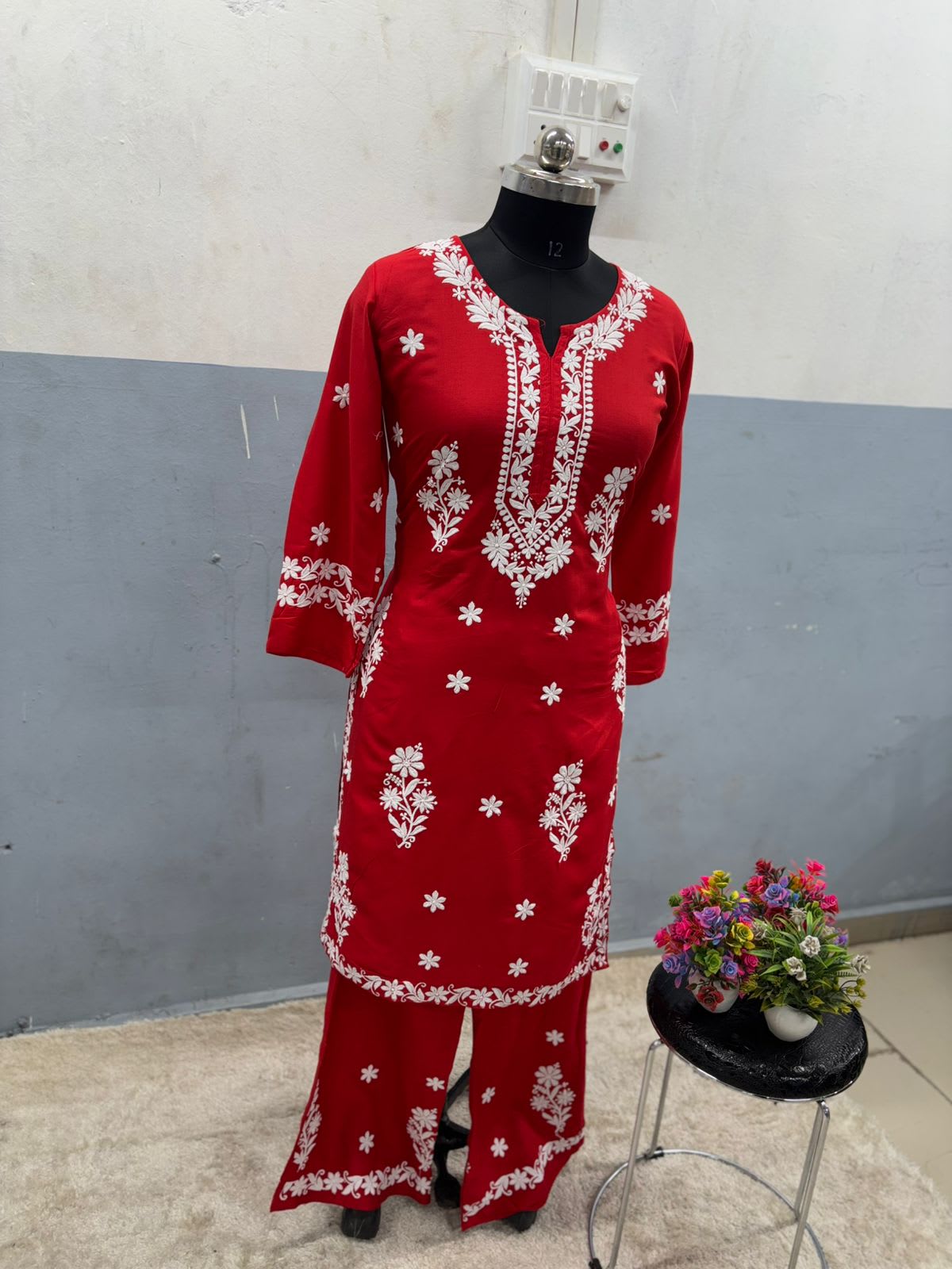 Red Chikankari Kurta Set For Women