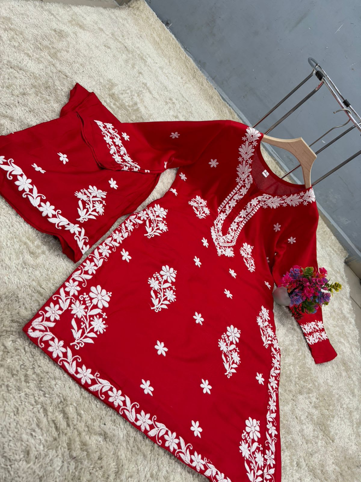 Red Chikankari Kurta Set For Women