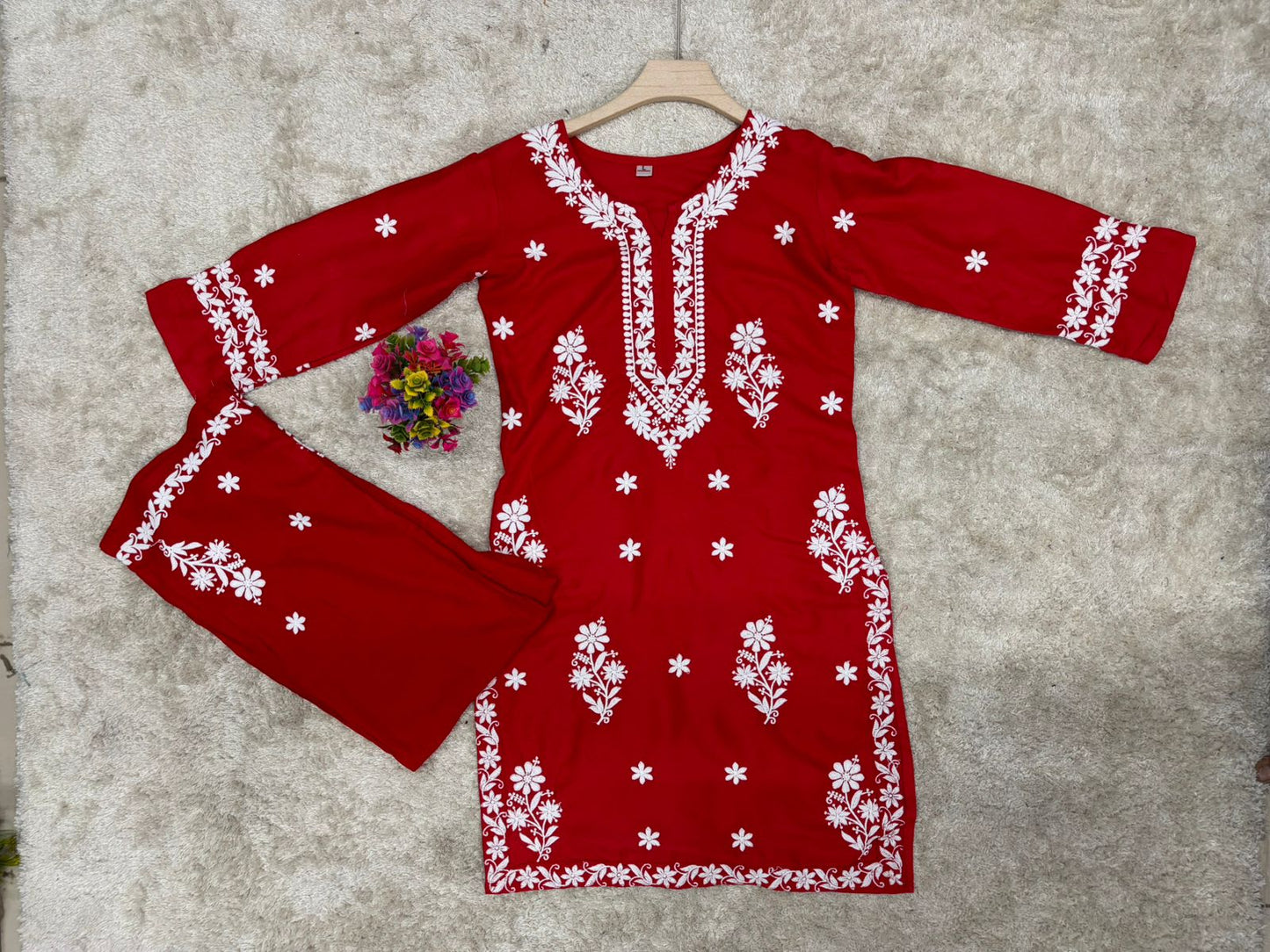 Red Chikankari Kurta Set For Women