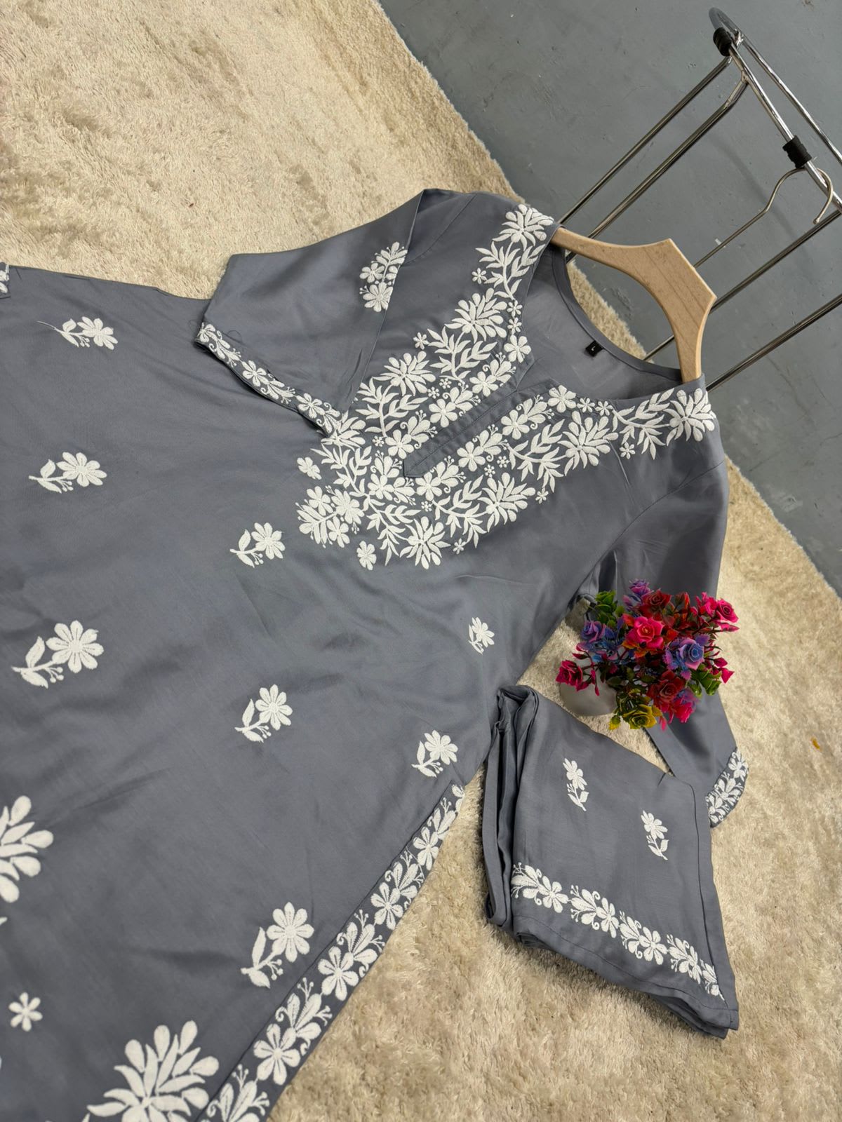 Grey  Chikankari Kurtis For Women