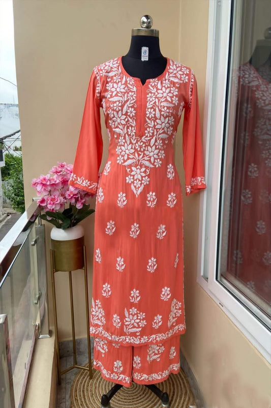 Peach  Chikankari Kurtis For Women