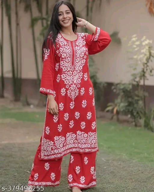 Red  Chikankari Kurtis For Women