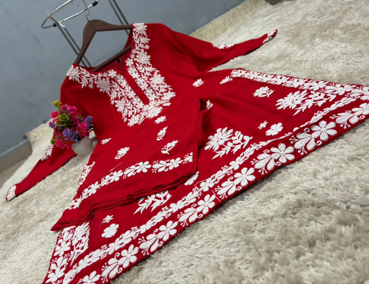 Red  Chikankari Kurtis For Women