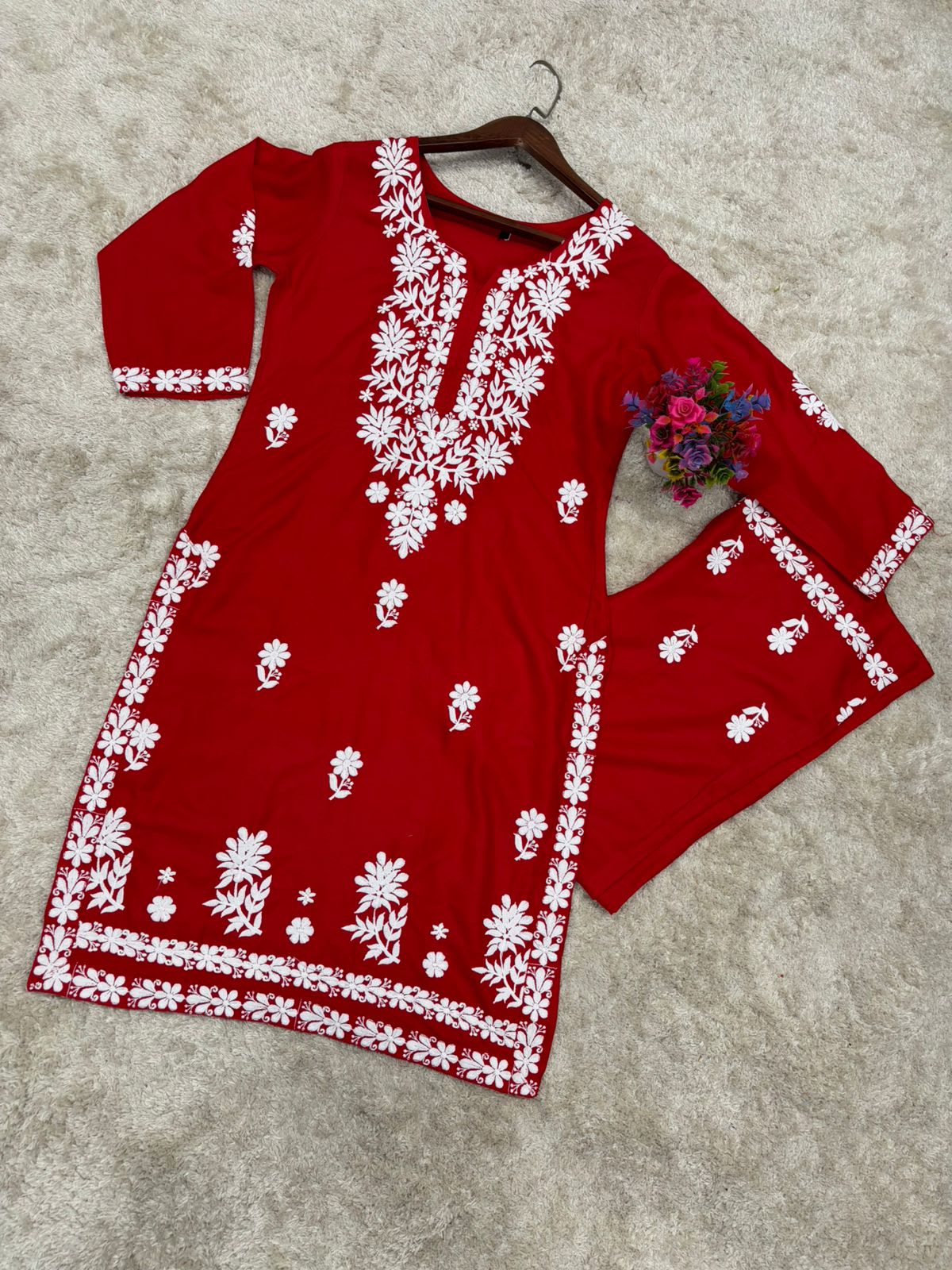 Red  Chikankari Kurtis For Women