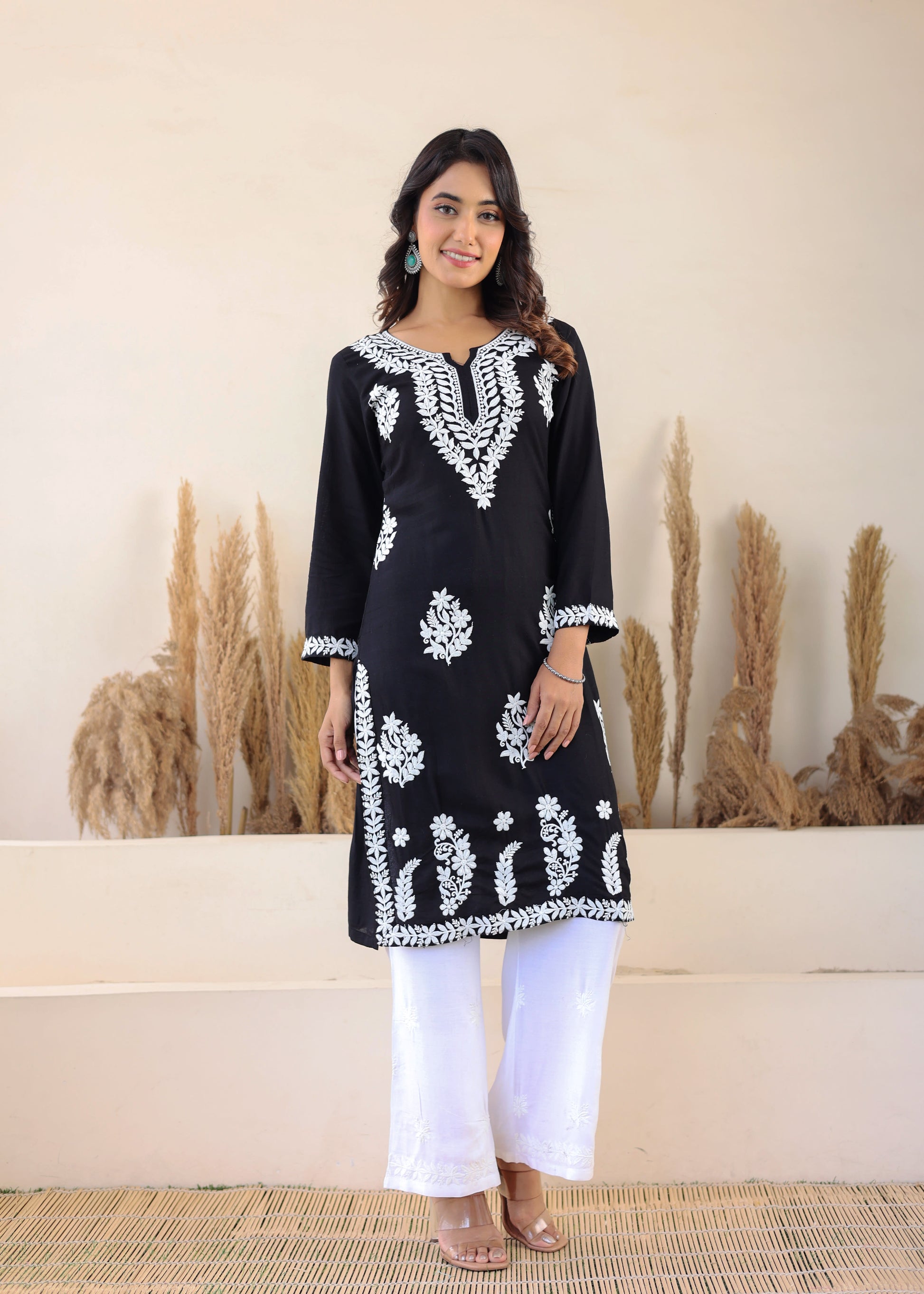 Black Elegance In Every Threads Embroidery Rayon Chikankari Kurta Set  For Women