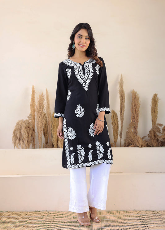 Black Elegance In Every Threads Embroidery Rayon Chikankari Kurta Set  For Women