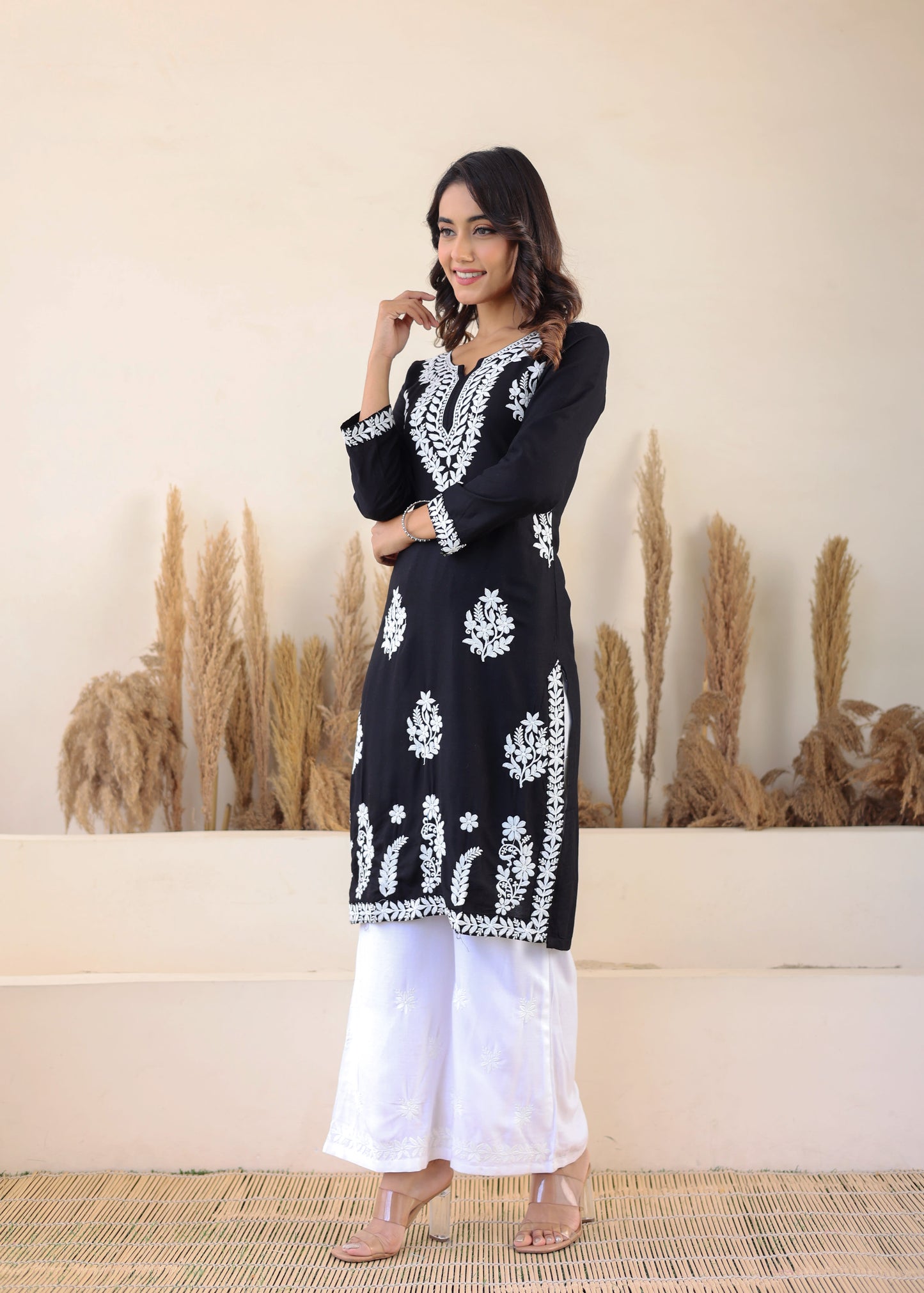 Black Elegance In Every Threads Embroidery Rayon Chikankari Kurta Set  For Women