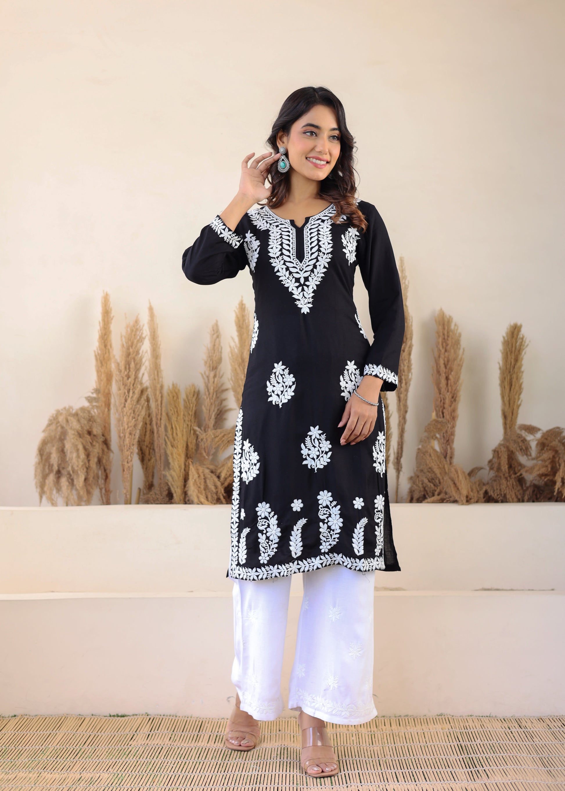 Black Elegance In Every Threads Embroidery Rayon Chikankari Kurta Set  For Women