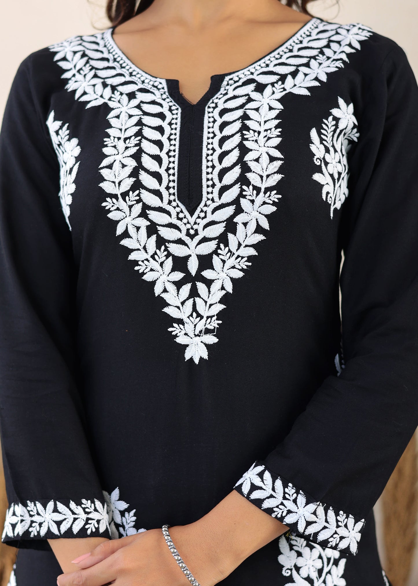 Black Elegance In Every Threads Embroidery Rayon Chikankari Kurta Set  For Women