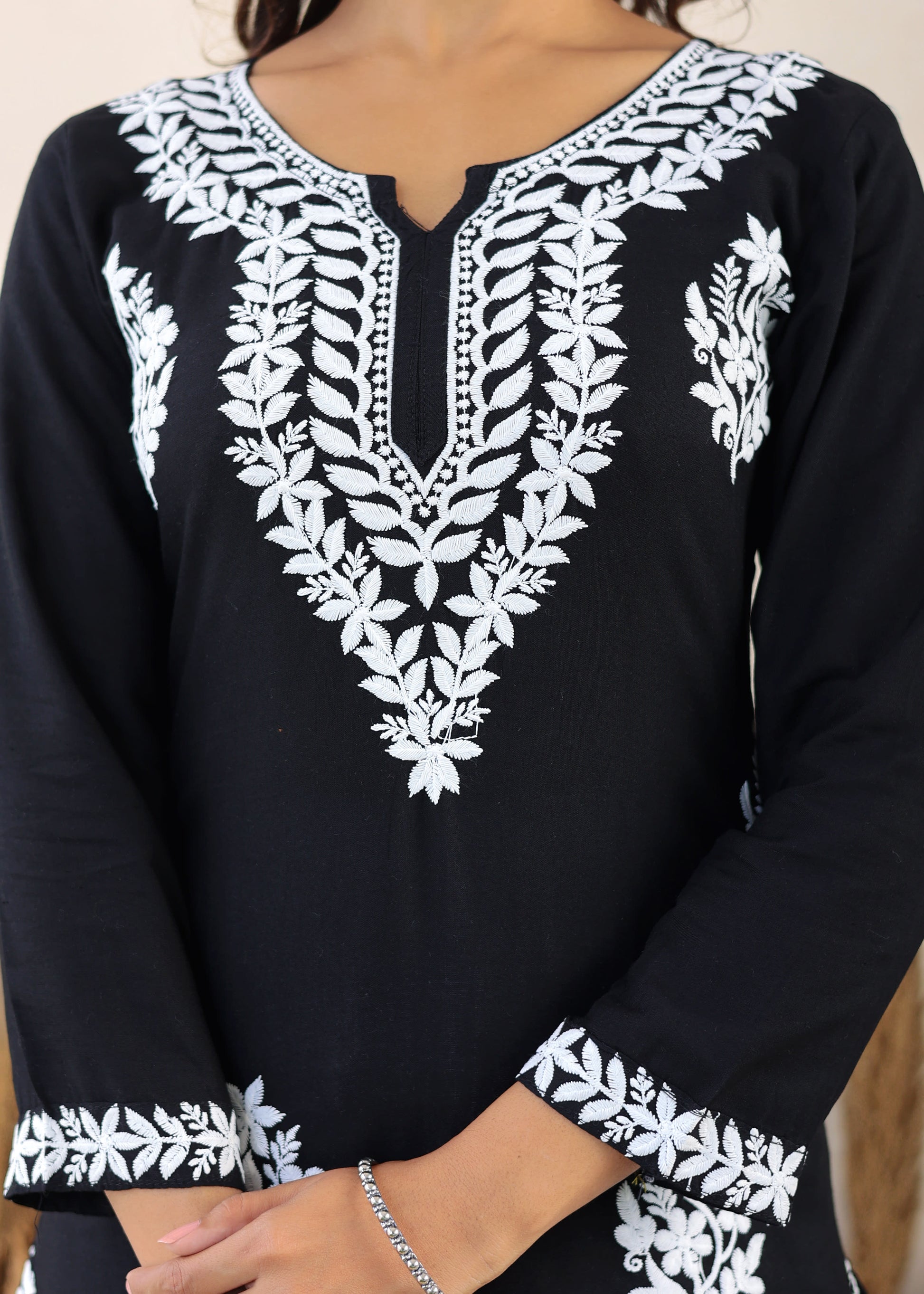 Black Elegance In Every Threads Embroidery Rayon Chikankari Kurta Set  For Women