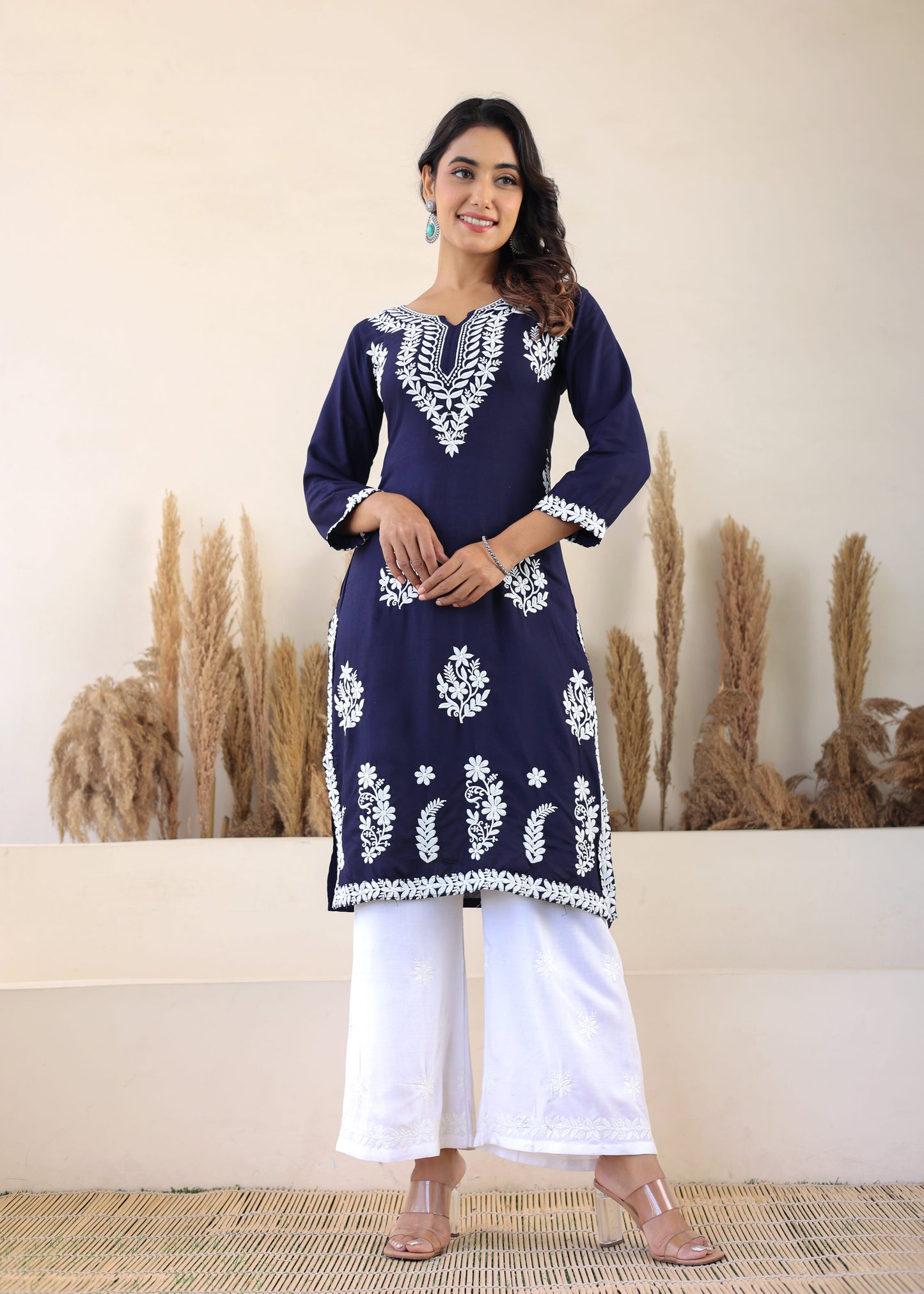 Blue Elegance In Every Threads Embroidery Rayon Chikankari Kurta Set  For Women