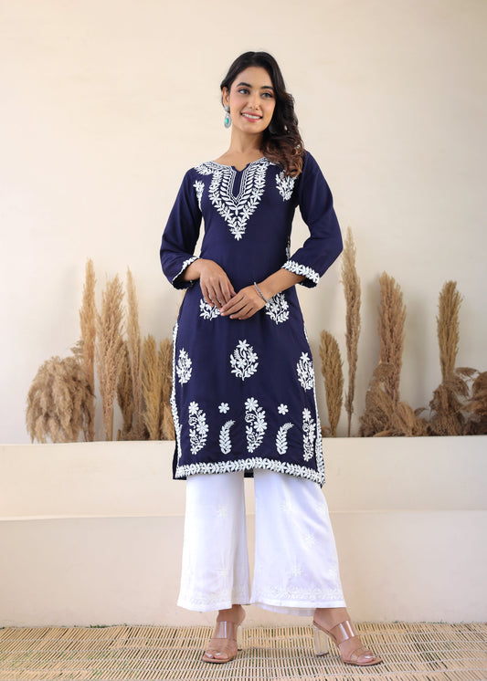 Blue Elegance In Every Threads Embroidery Rayon Chikankari Kurta Set  For Women
