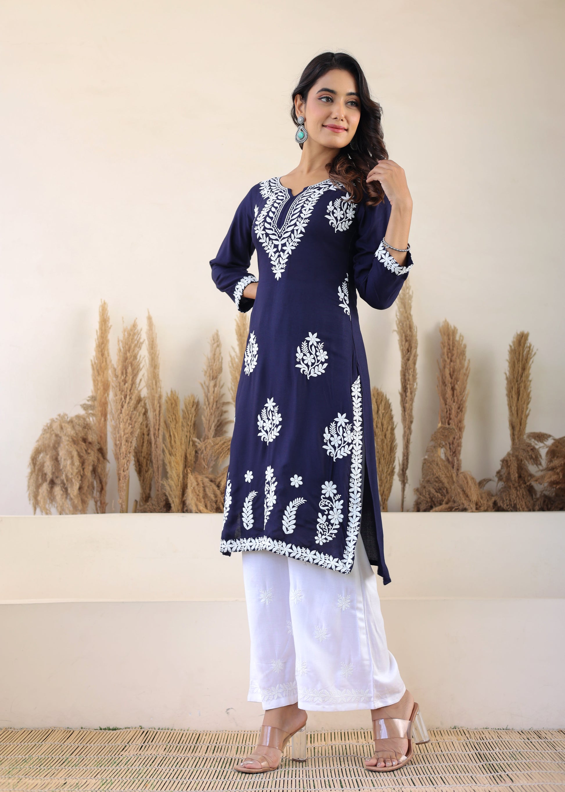 Blue Elegance In Every Threads Embroidery Rayon Chikankari Kurta Set  For Women