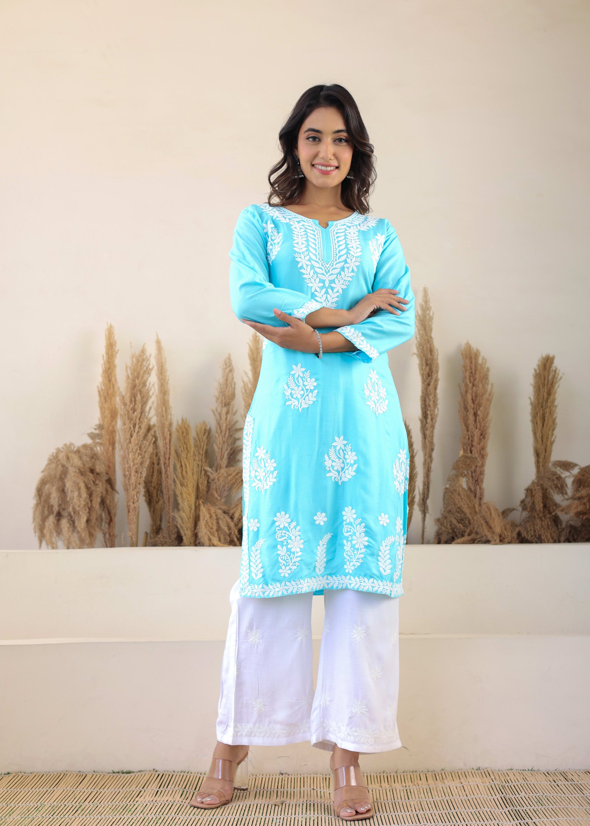 Firoji Elegance In Every Threads Embroidery Rayon Chikankari Kurta Set  For Women