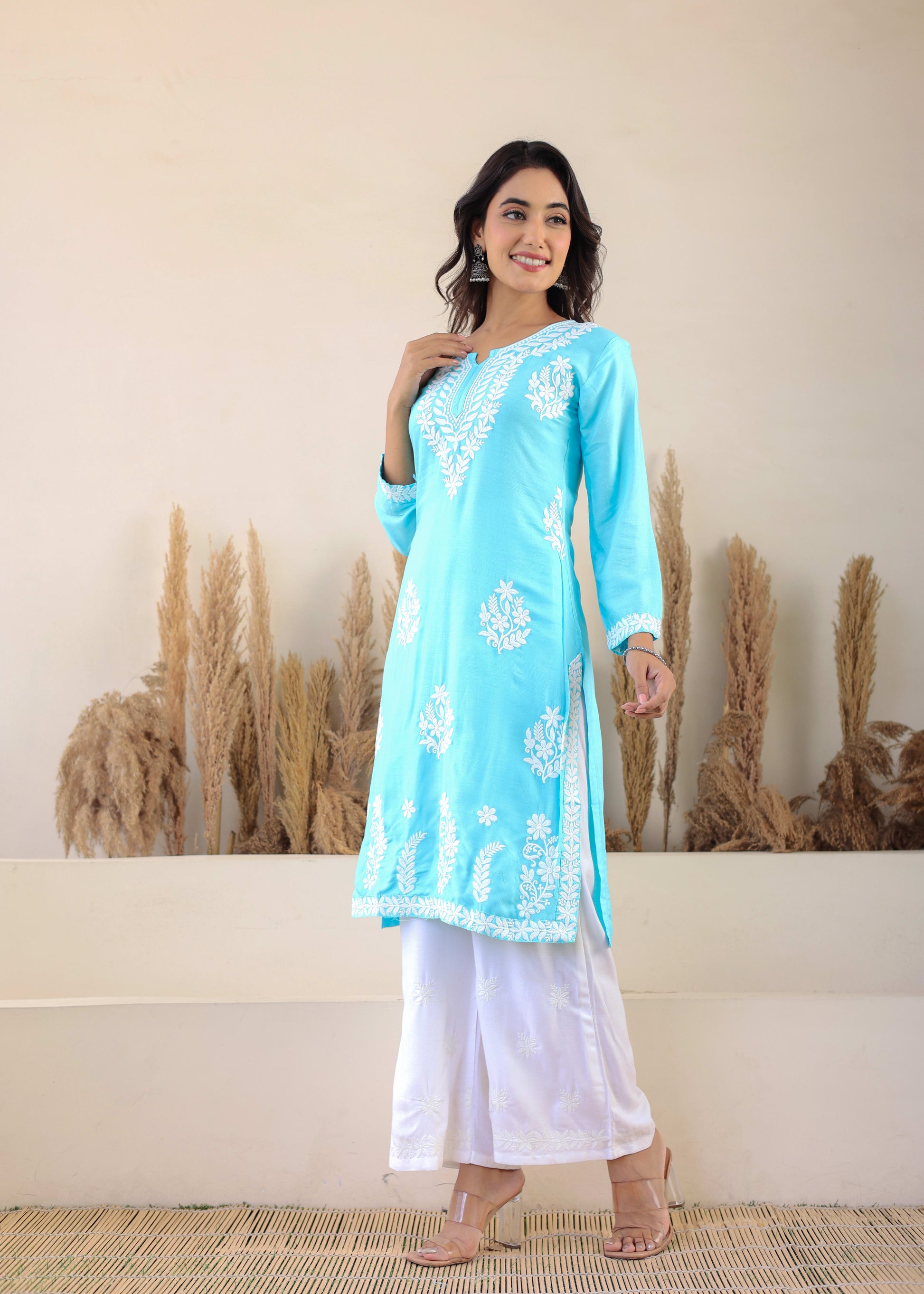 Firoji Elegance In Every Threads Embroidery Rayon Chikankari Kurta Set  For Women