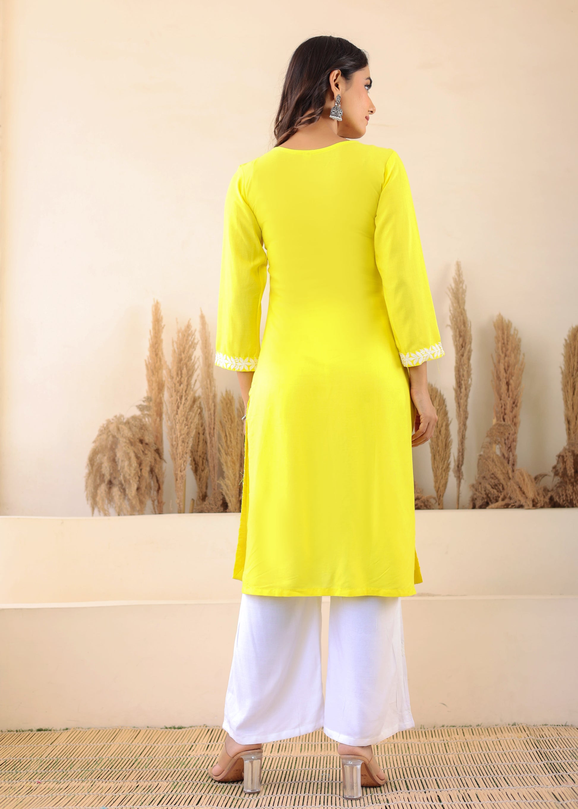 Lemon Elegance In Every Threads Embroidery Rayon Chikankari Kurta Set  For Women