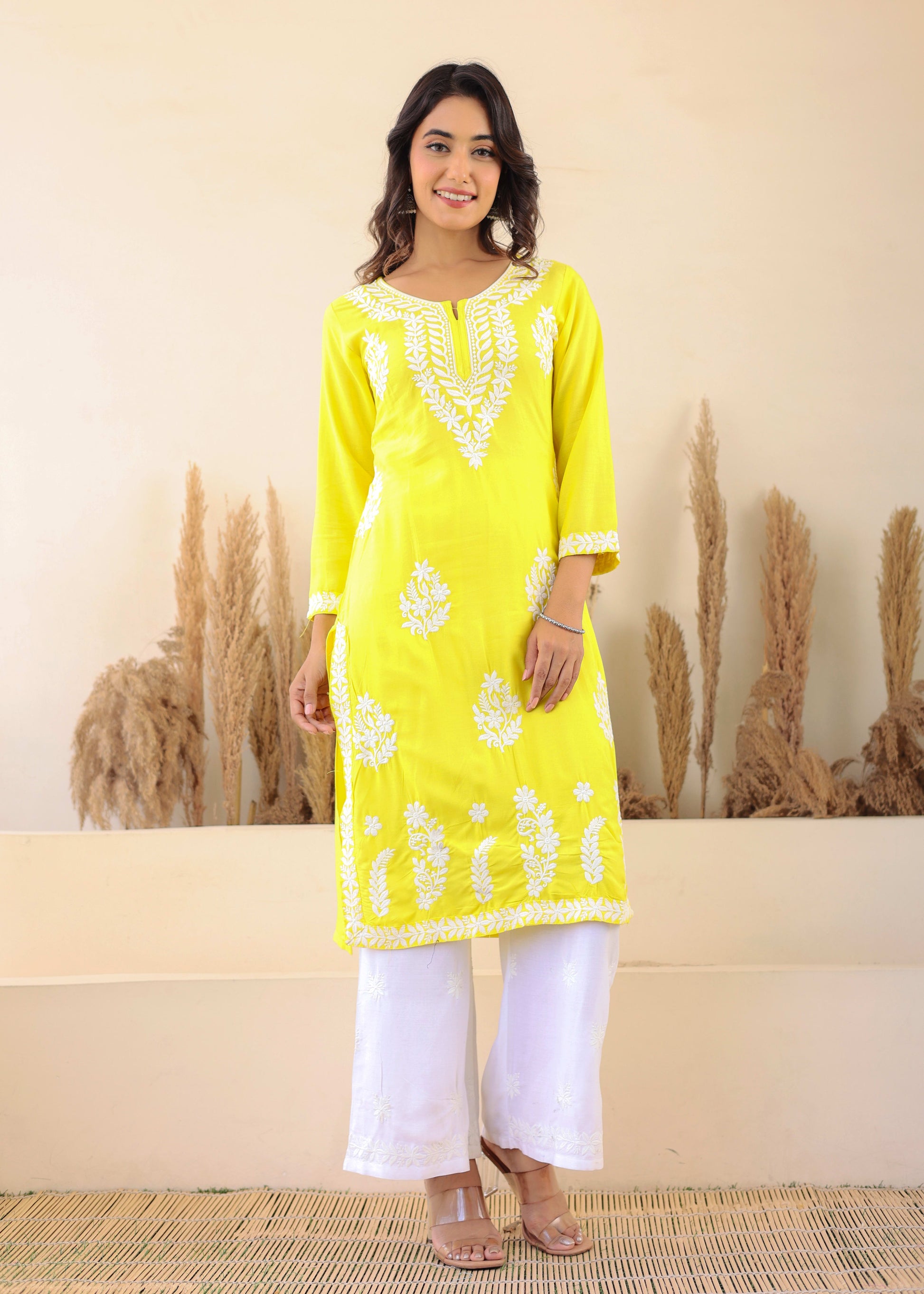 Lemon Elegance In Every Threads Embroidery Rayon Chikankari Kurta Set  For Women