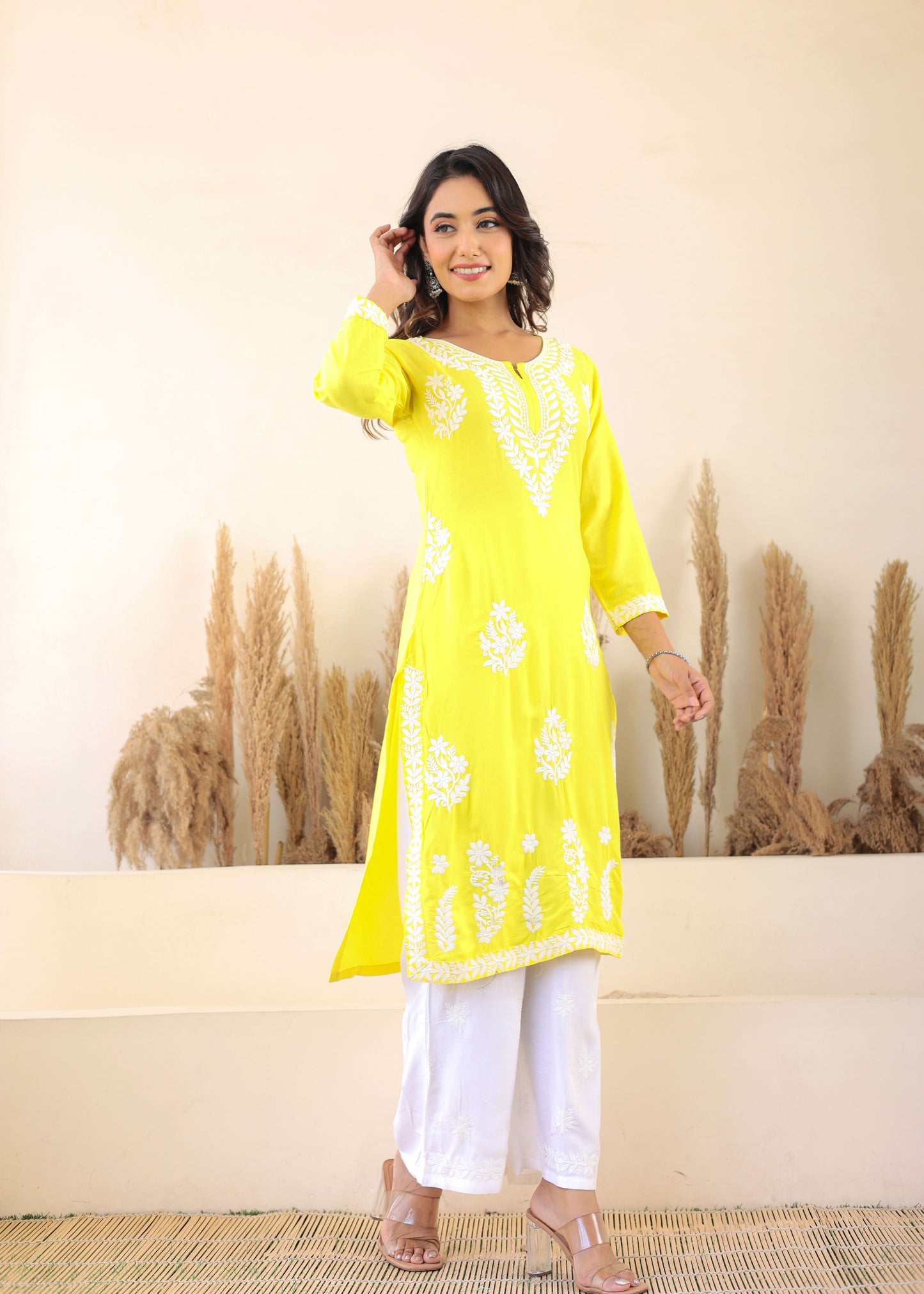 Lemon Elegance In Every Threads Embroidery Rayon Chikankari Kurta Set  For Women
