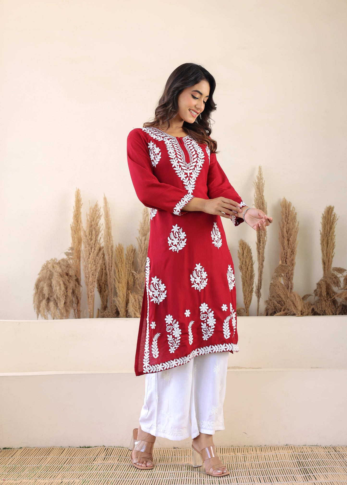 Maroon Elegance In Every Threads Embroidery Rayon Chikankari Kurta Set  For Women