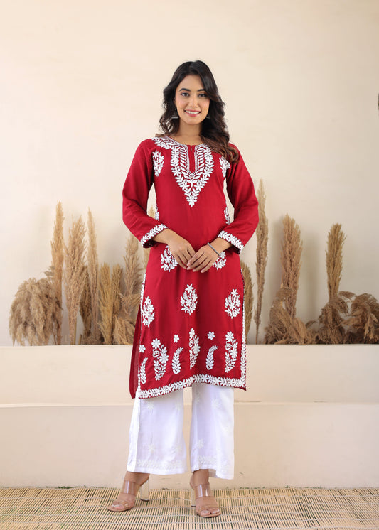 Maroon Elegance In Every Threads Embroidery Rayon Chikankari Kurta Set  For Women