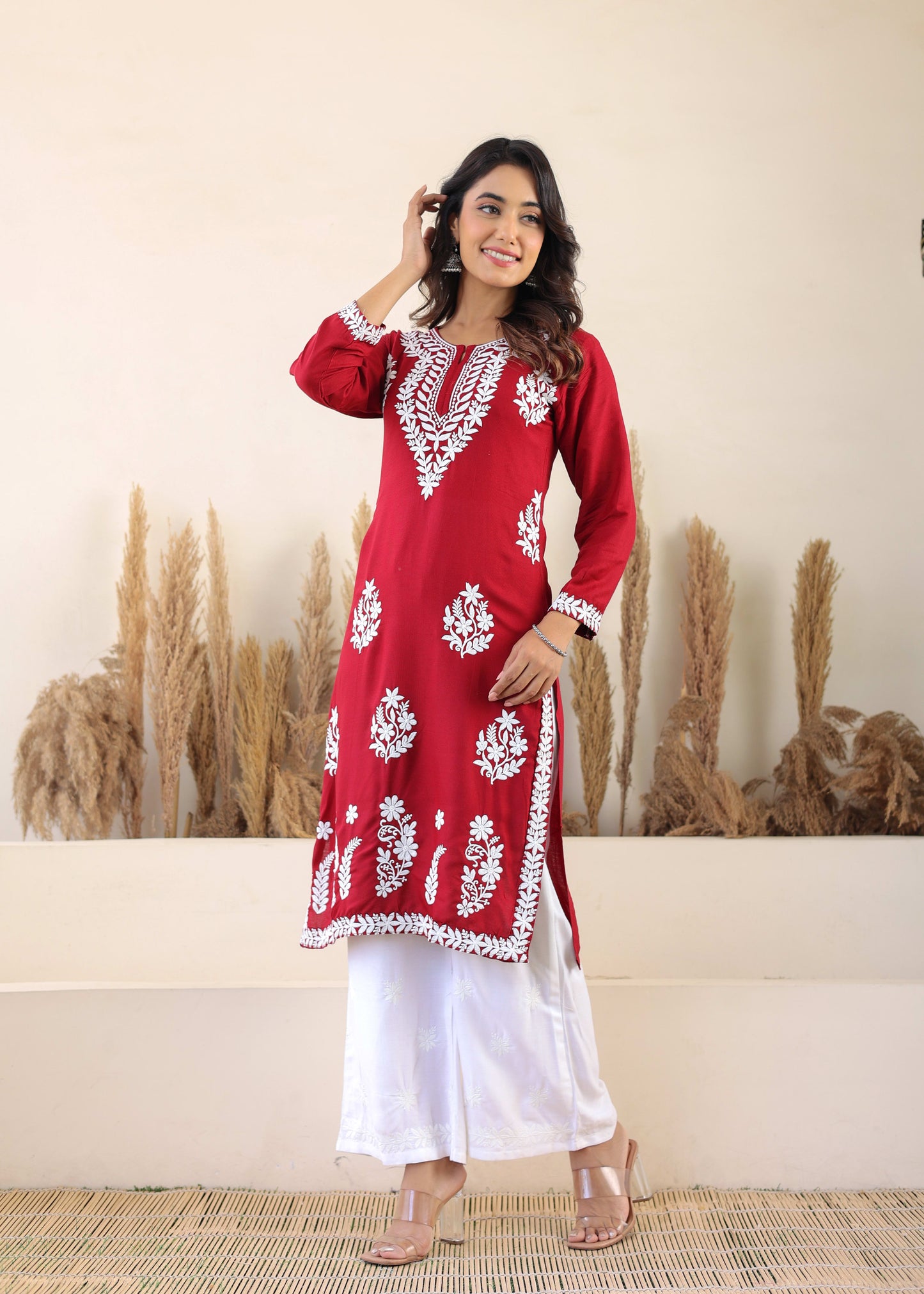 Maroon Elegance In Every Threads Embroidery Rayon Chikankari Kurta Set  For Women
