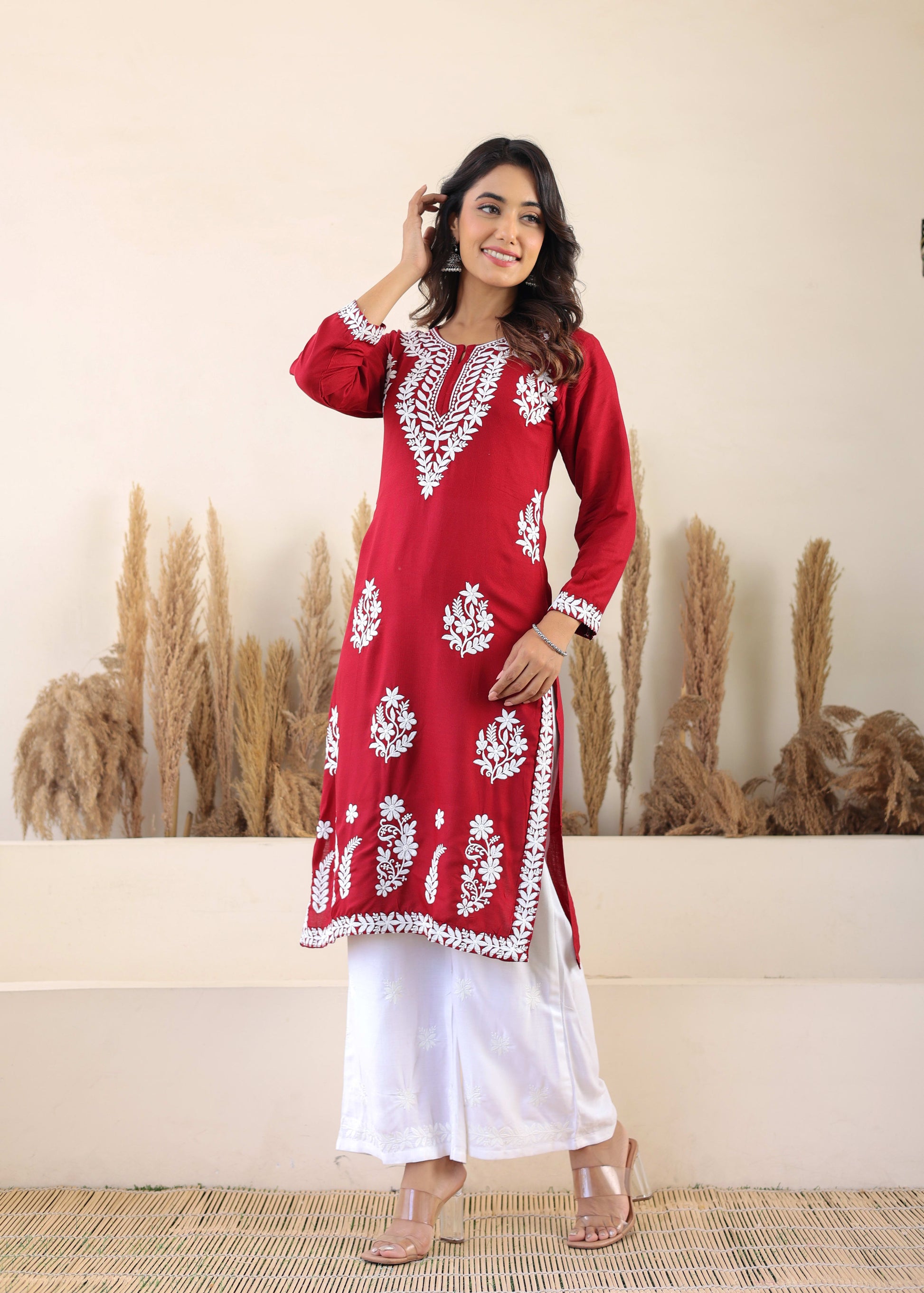 Maroon Elegance In Every Threads Embroidery Rayon Chikankari Kurta Set  For Women