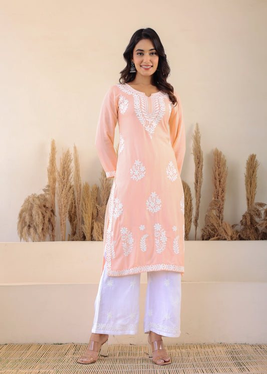 Peach Elegance In Every Threads Embroidery Rayon Chikankari Kurta Set  For Women