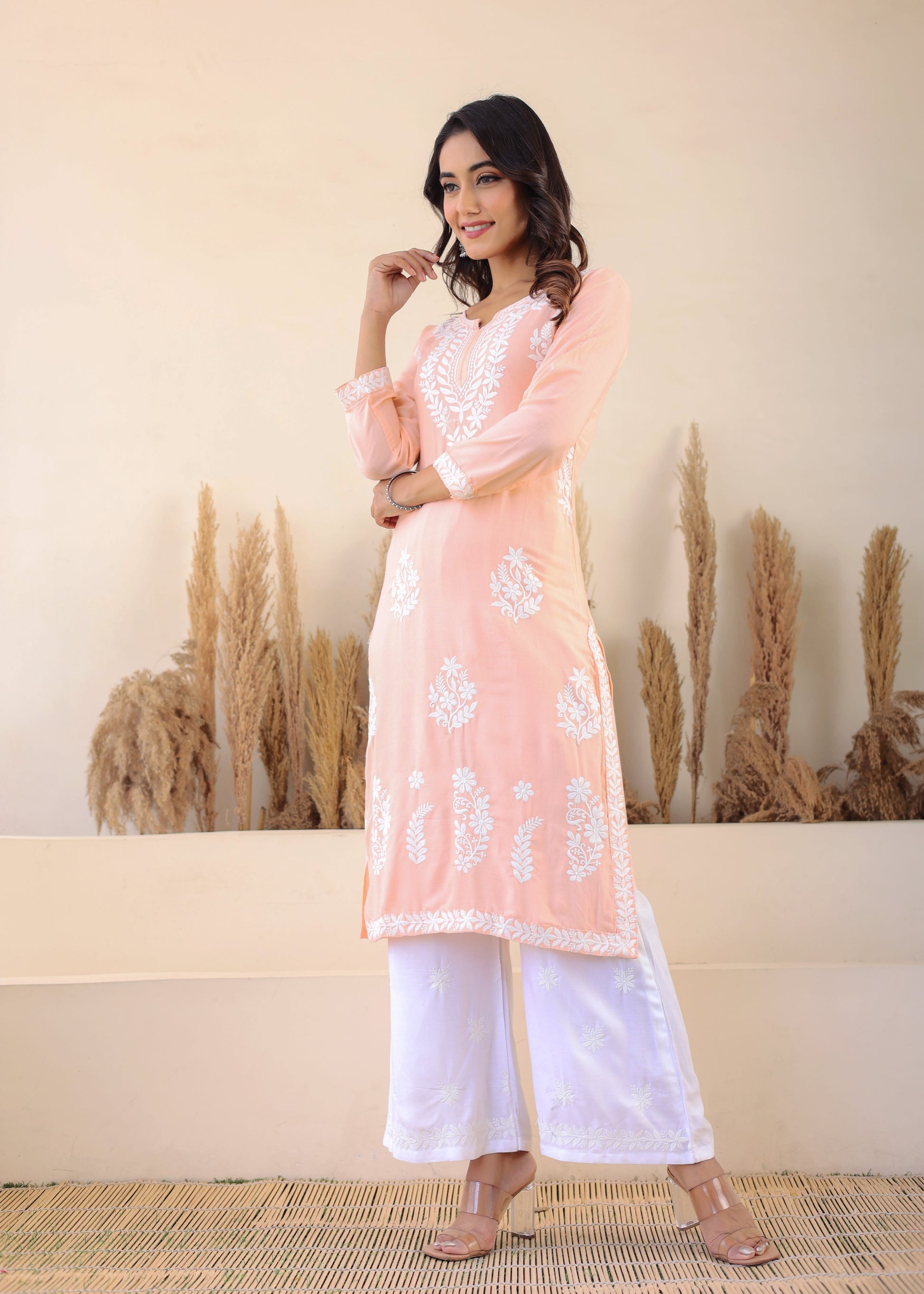 Peach Elegance In Every Threads Embroidery Rayon Chikankari Kurta Set  For Women