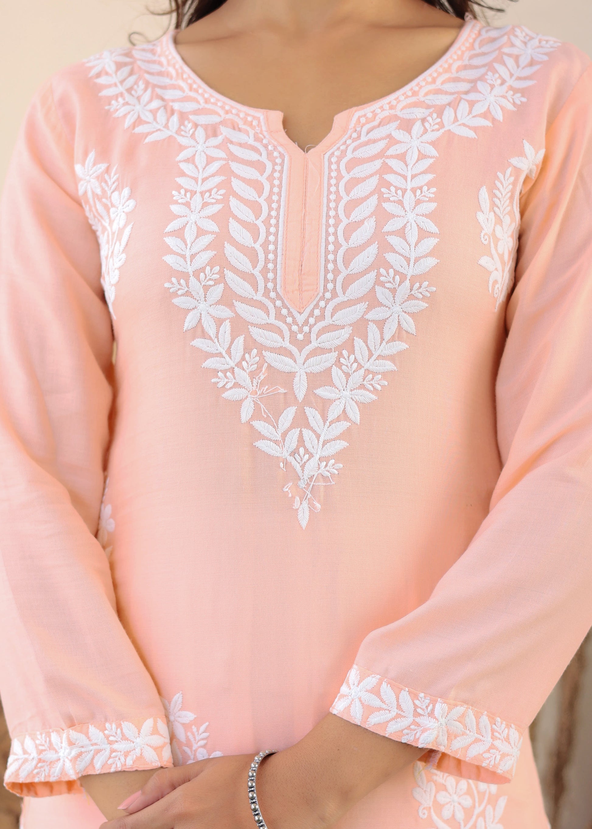 Peach Elegance In Every Threads Embroidery Rayon Chikankari Kurta Set  For Women