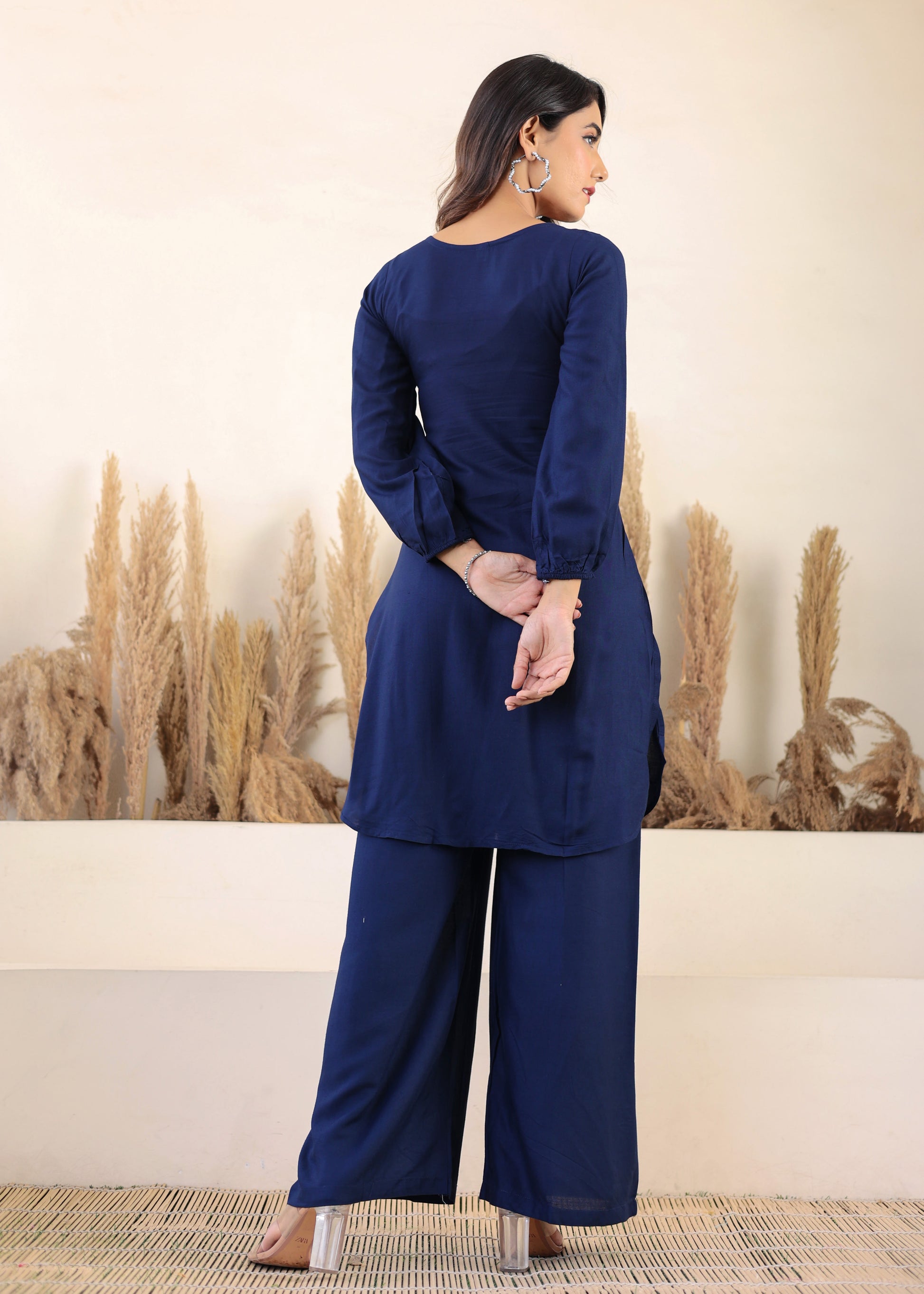 Blue Rayon Chikankari Kurta Palazzo Set  For Women