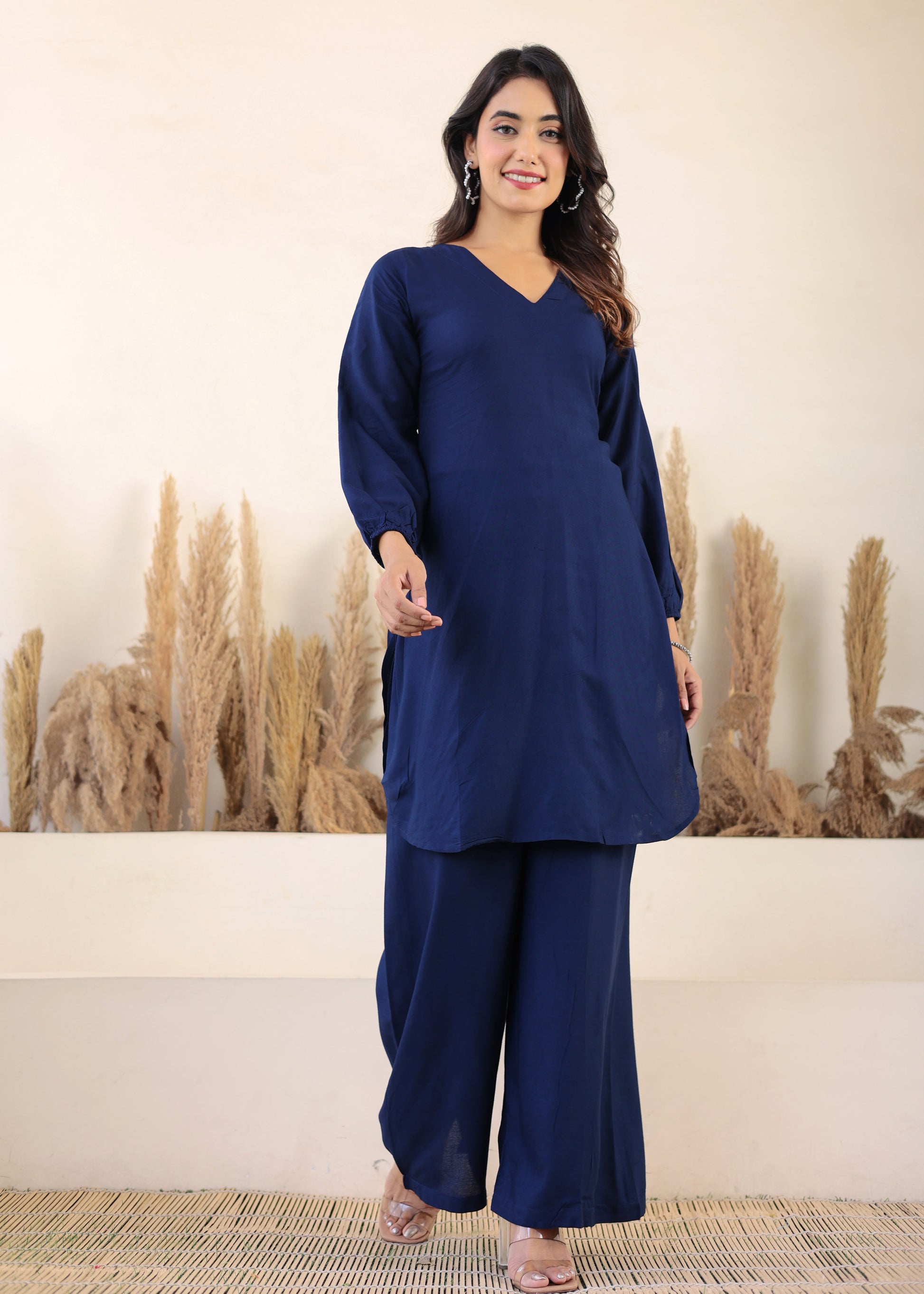 Blue Rayon Chikankari Kurta Palazzo Set  For Women