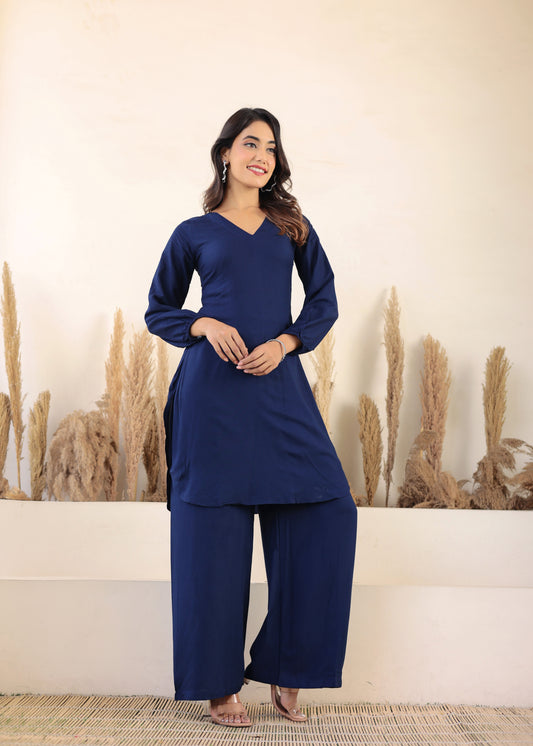Blue Rayon Chikankari Kurta Palazzo Set  For Women