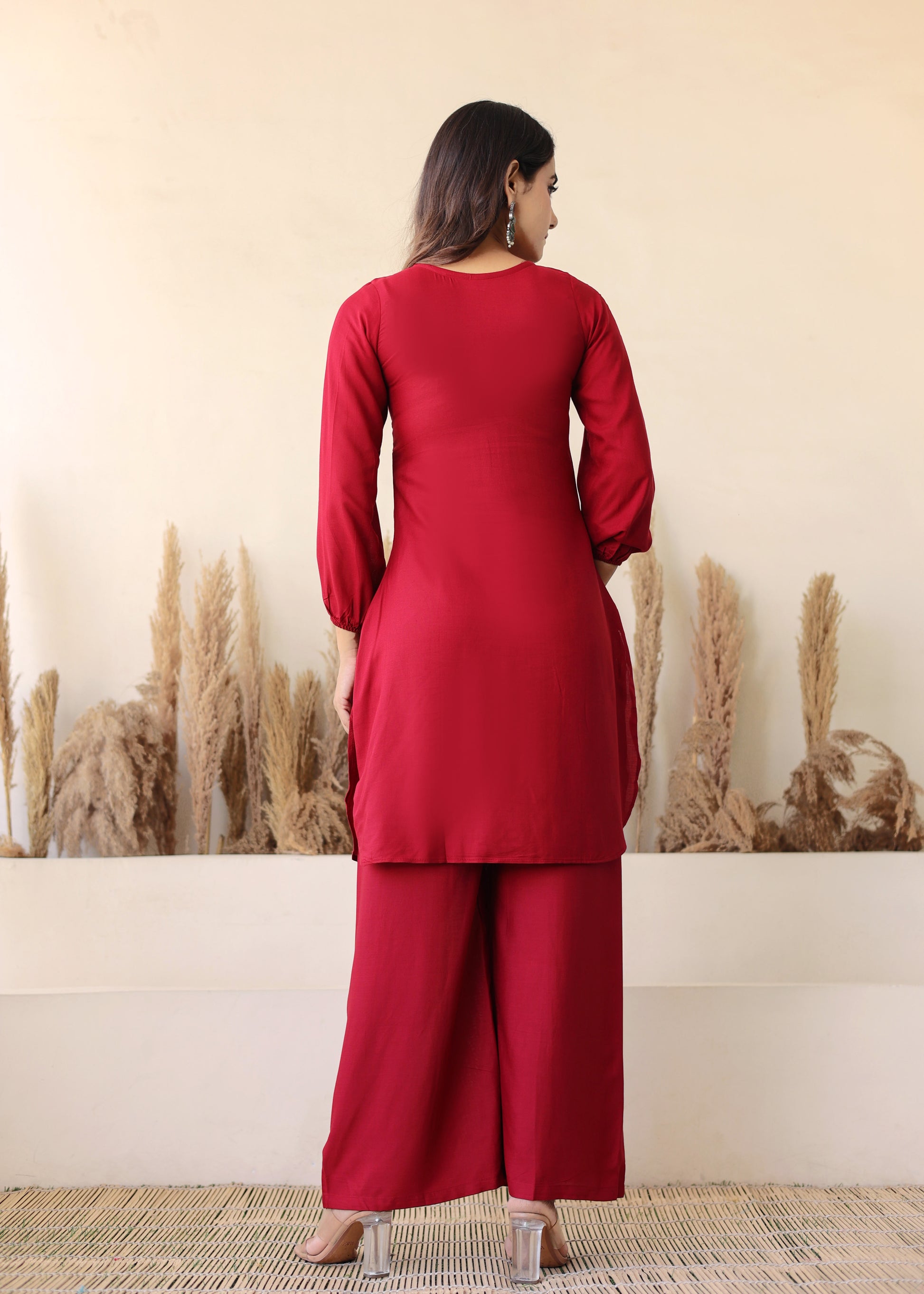 Maroon Rayon Chikankari Kurta Palazzo Set  For Women