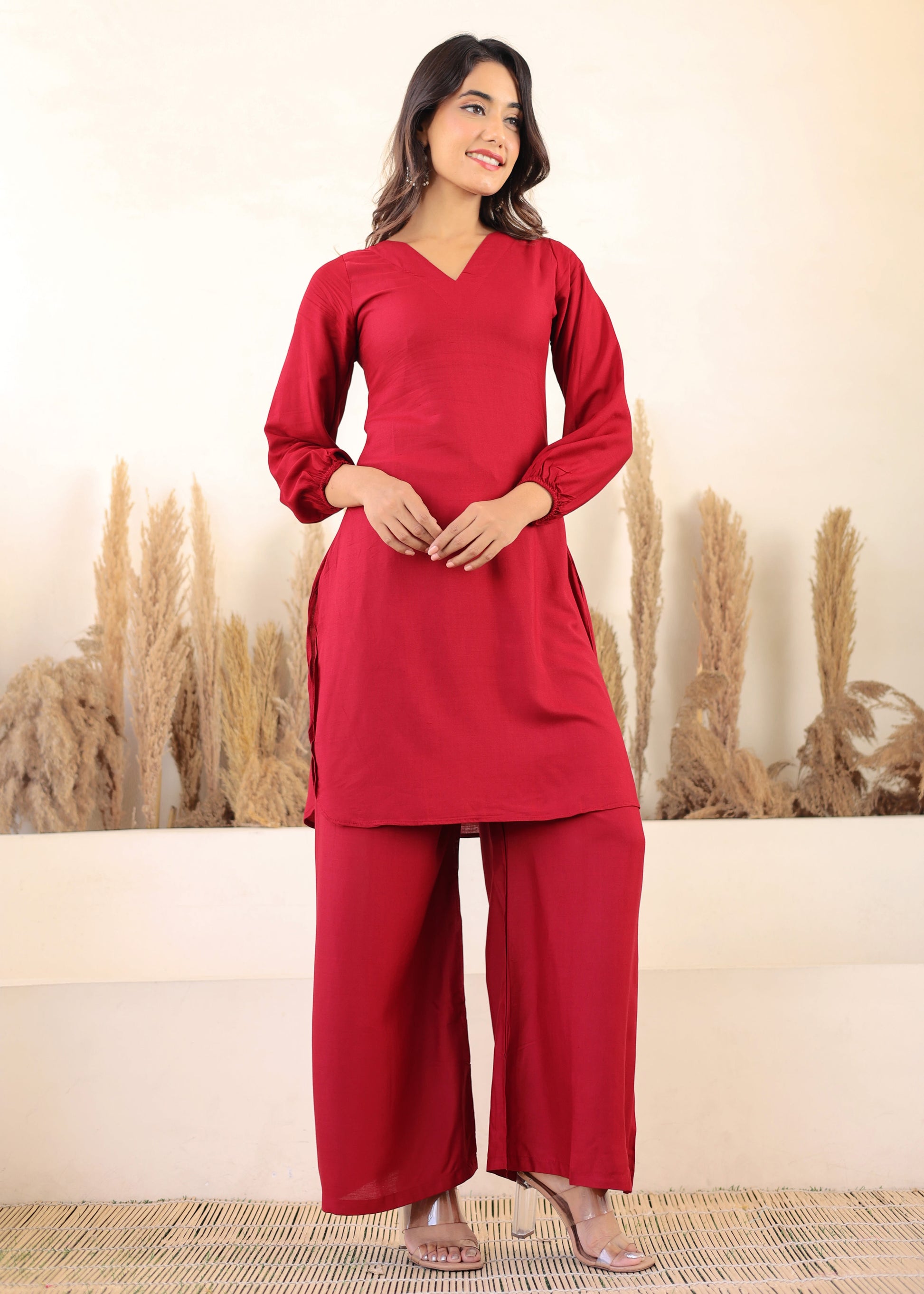 Maroon Rayon Chikankari Kurta Palazzo Set  For Women